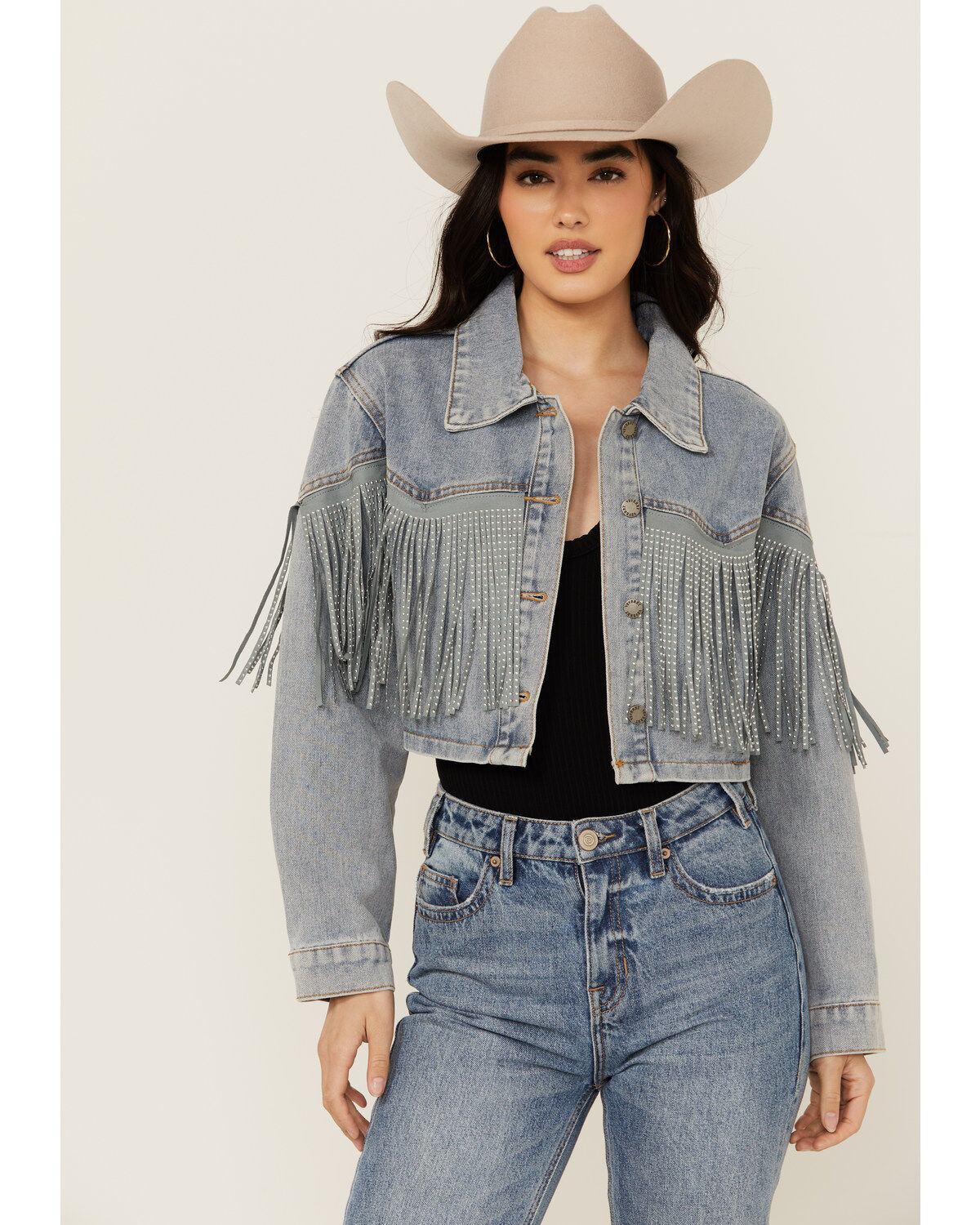 Women's Veveret Light Wash Studded Fringe Cropped Denim Jacket