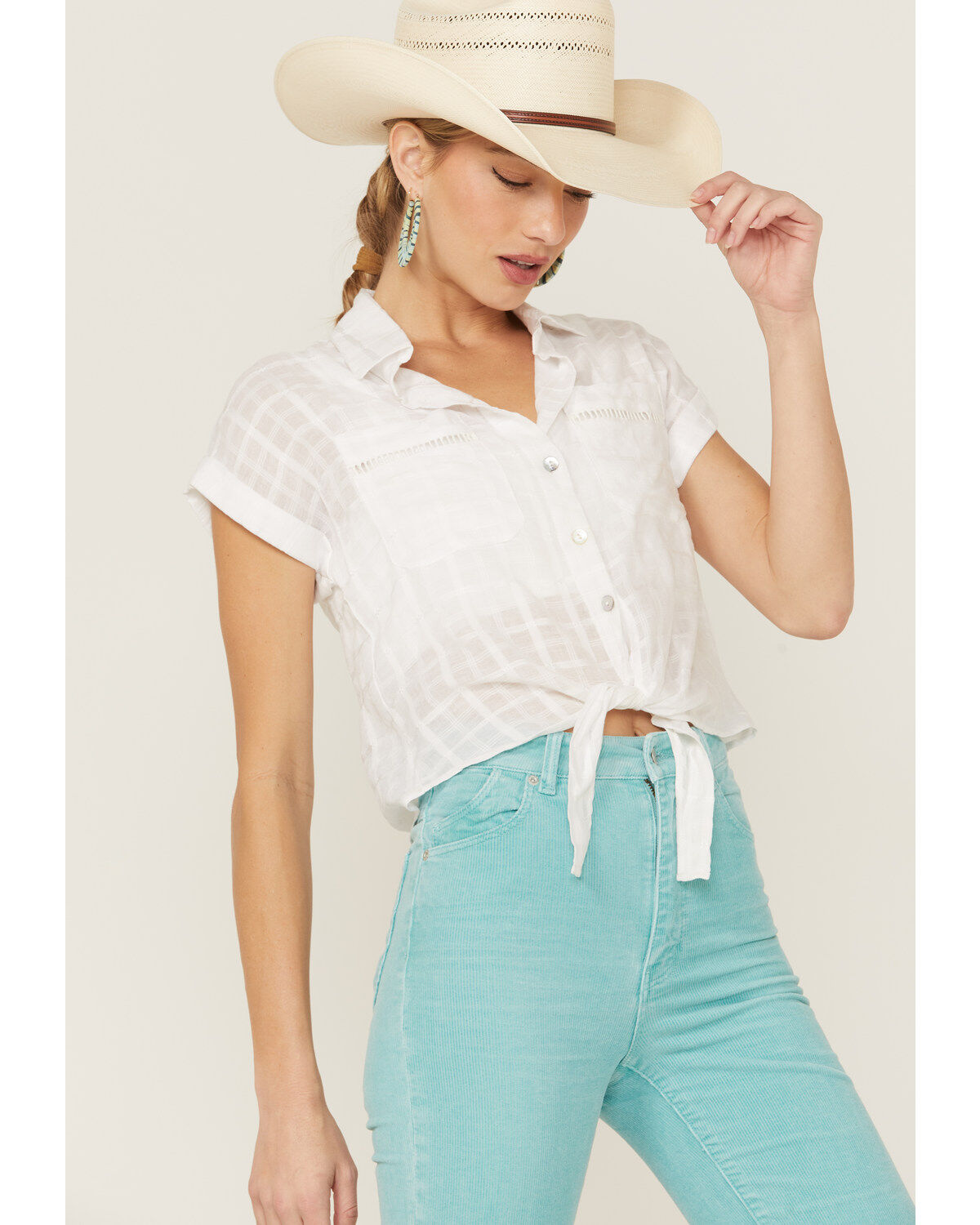 Women's Wild Moss Tie Front Shadow Plaid Button Front Blouse