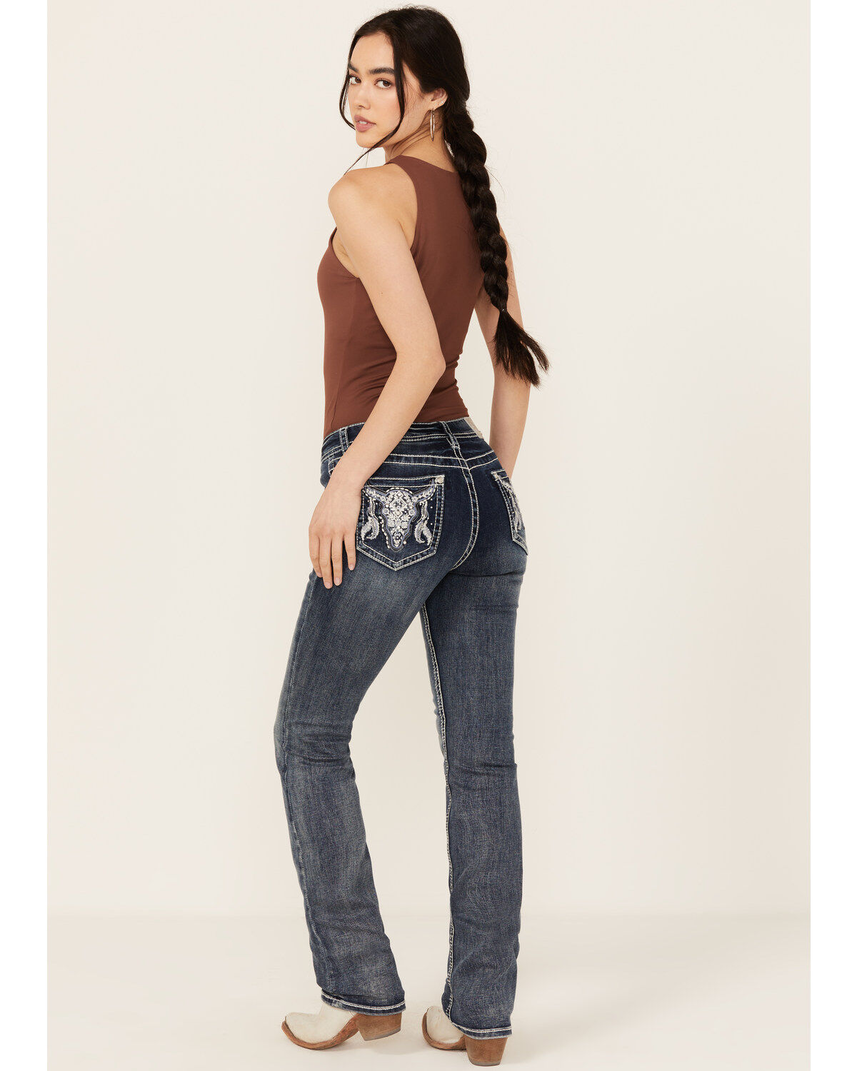Women's Grace In LA Medium Wash Sequin Cow Skull Mid Rise Bootcut Stre