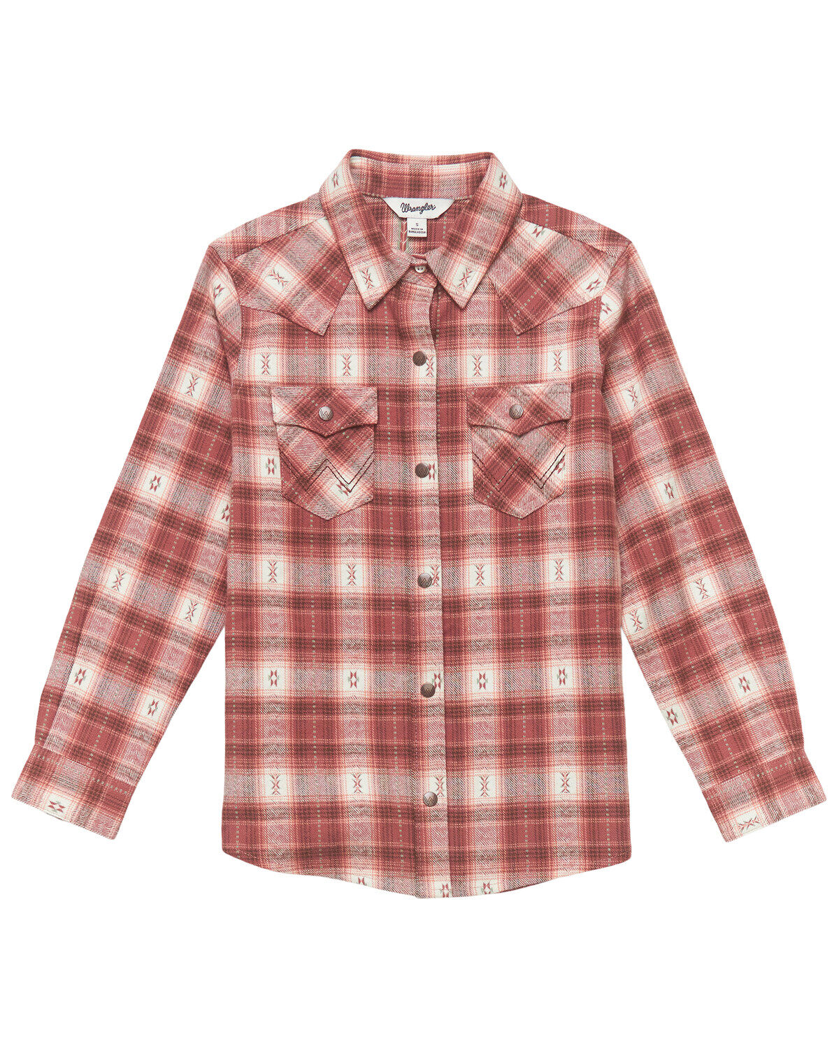 Girls' Wrangler Plaid Print Long Sleeve Snap Flannel Shirt