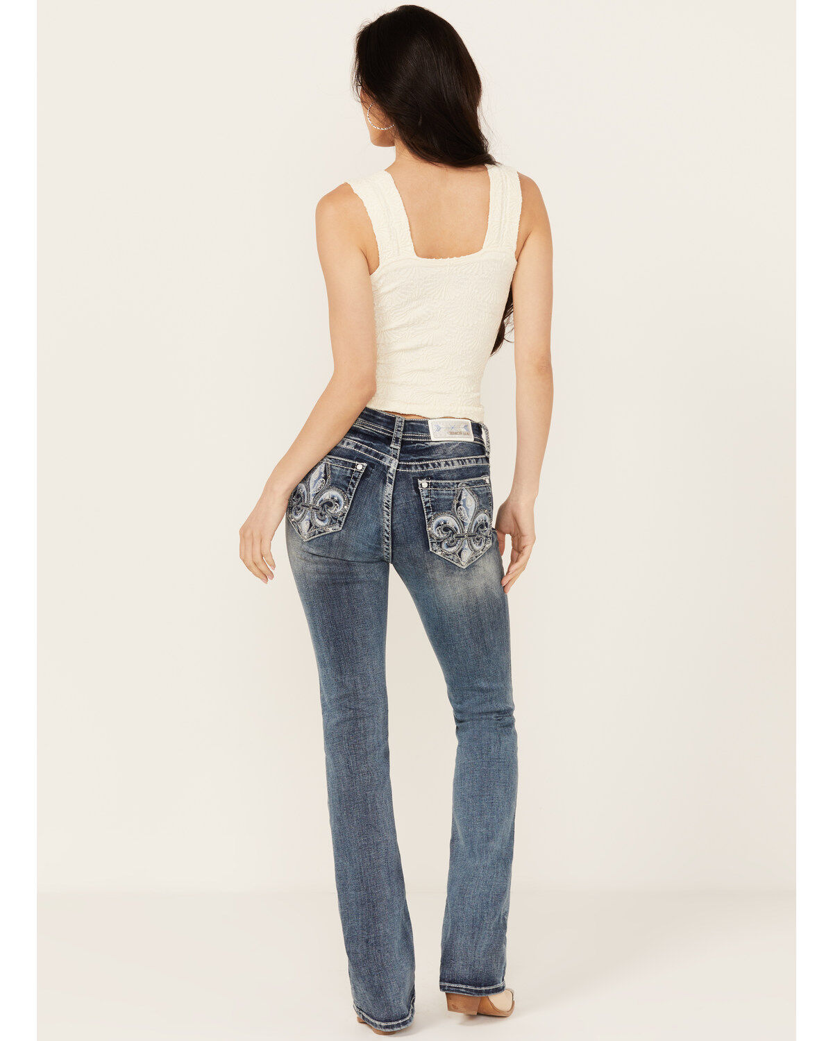 Women's Grace In LA Fleur De Lis Embroidered Pocket Bootcut Stretch De