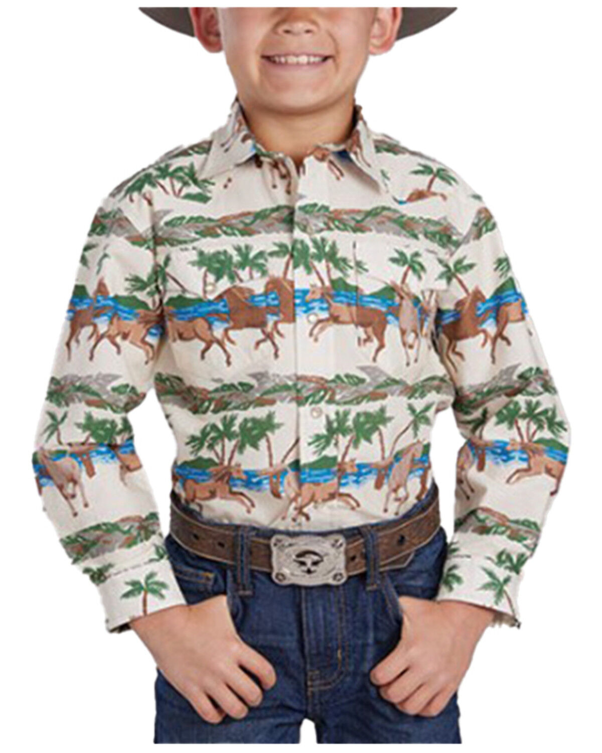 Boys' Roper Beach Horses Printed Long Sleeve Pearl Snap Western Shirt