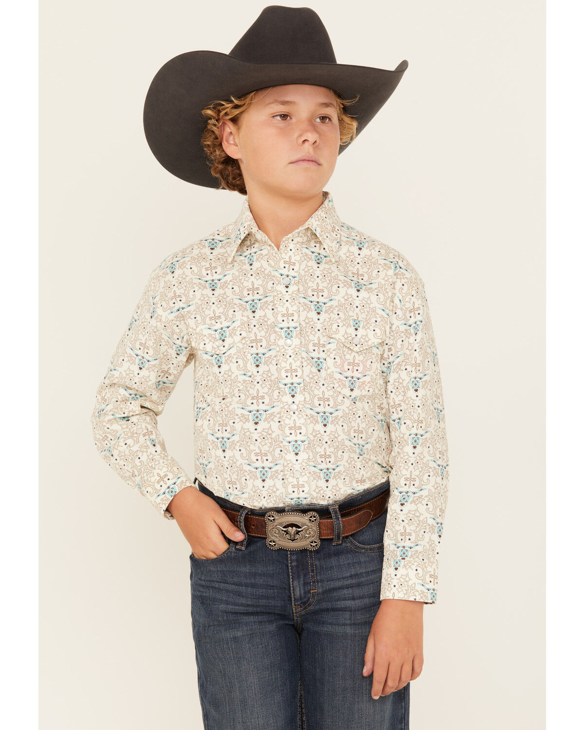Boys' Panhandle Rough Stock by Steer Head Printed Long Sleeve Pearl Sn
