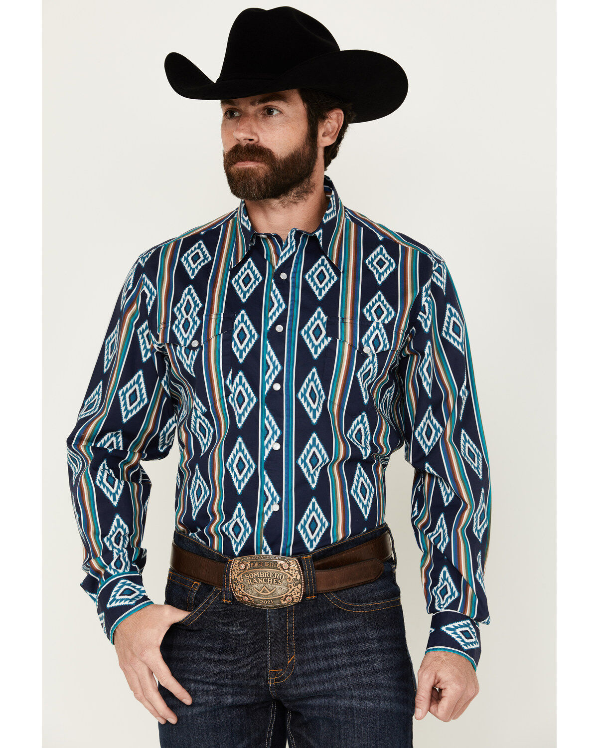 Men's Roper Vintage Southwestern Striped Print Long Sleeve Pearl Snap