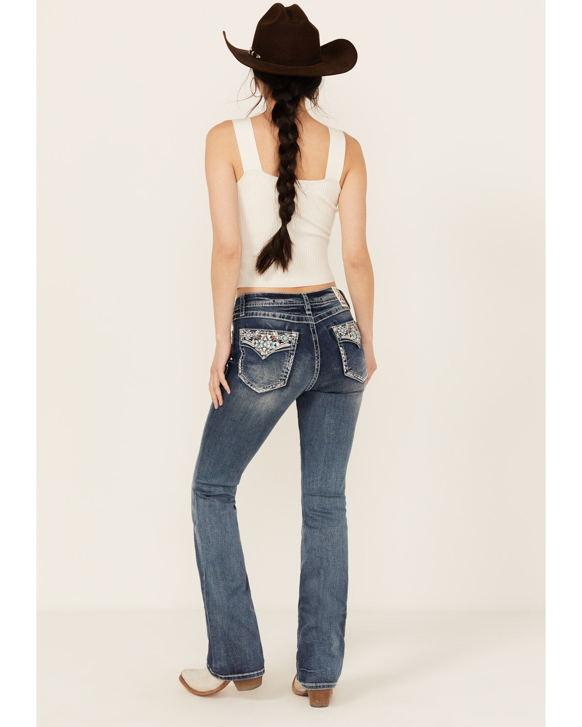 Women's Grace In LA Medium Wash Faux Flap Pocket Mid Rise Bootcut Stre