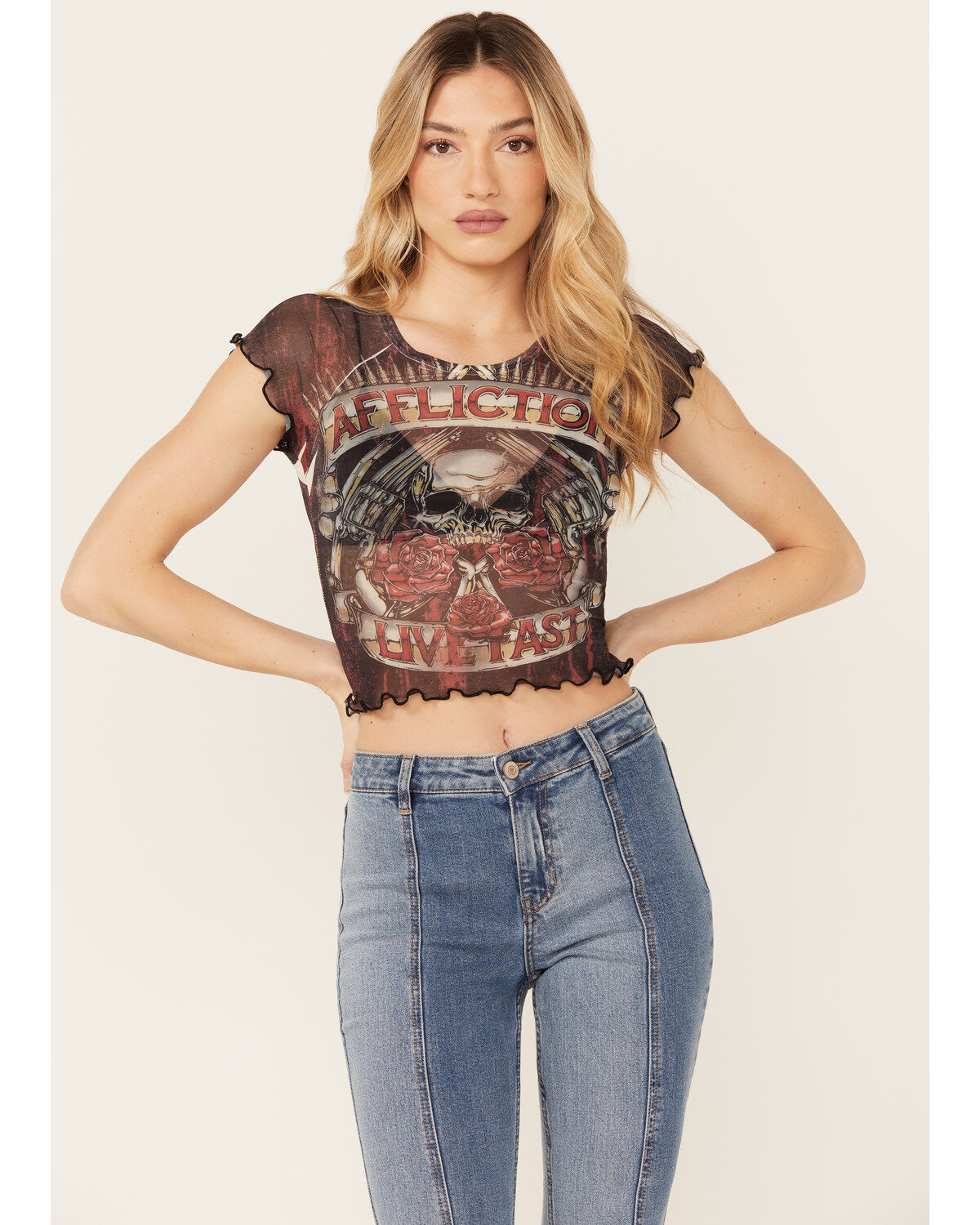 Women's Affliction Skull Mesh Baby Graphic Tee