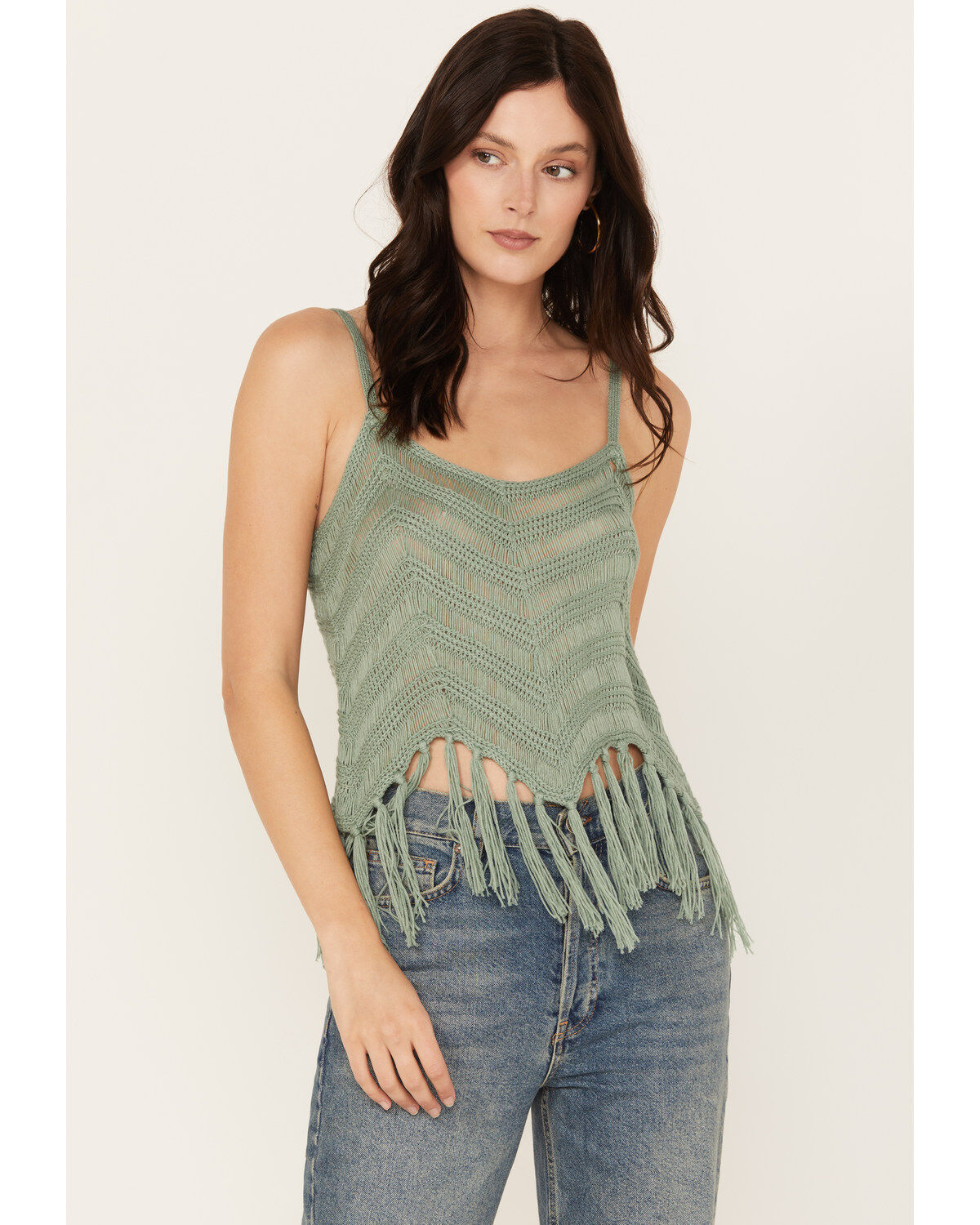 Women's Rock & Roll Denim Crochet Fringe Tank