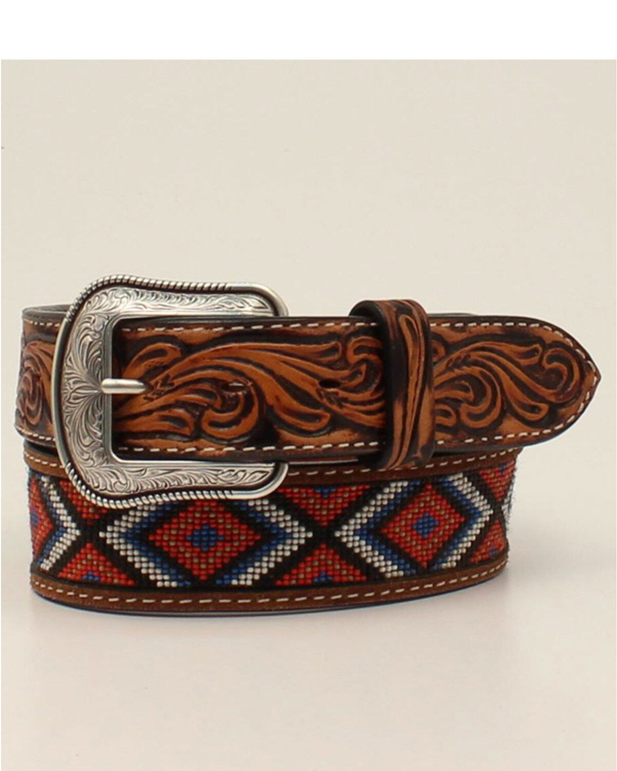 Men's M & F Western Tan Tooled & Beaded Inlay Leather Belt