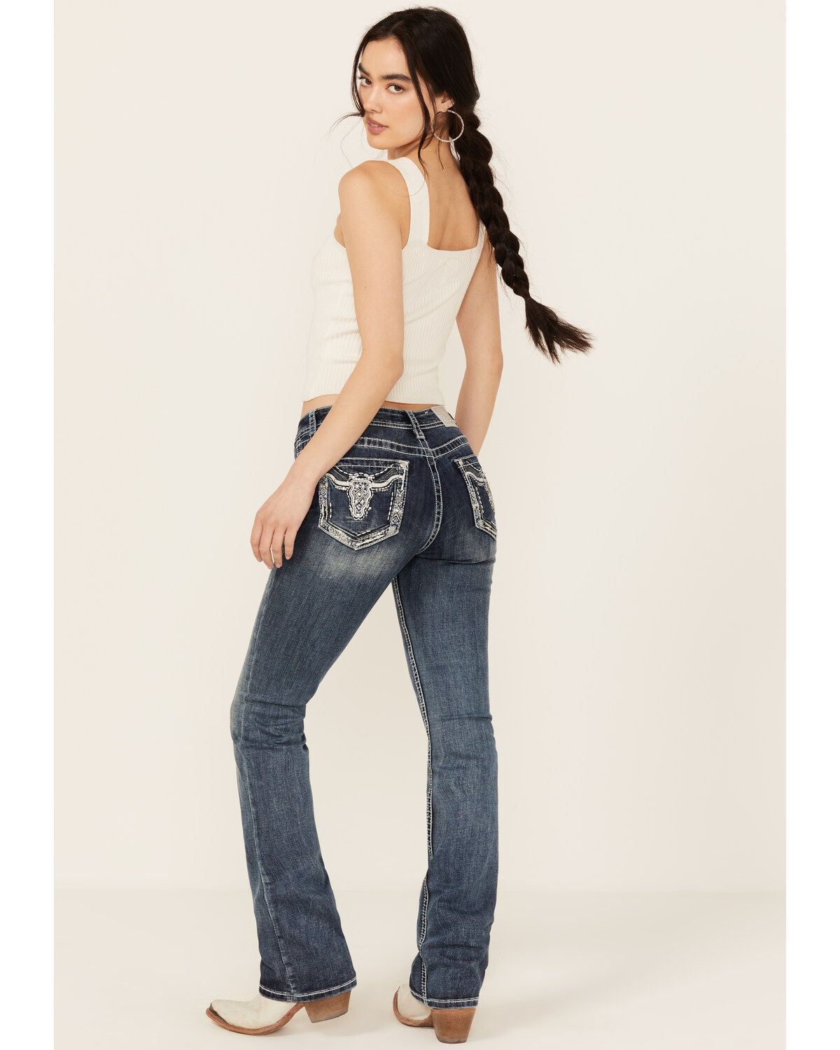 Women's Grace In LA Medium Wash Sequin Longhorn Pocket Mid Rise Bootcu