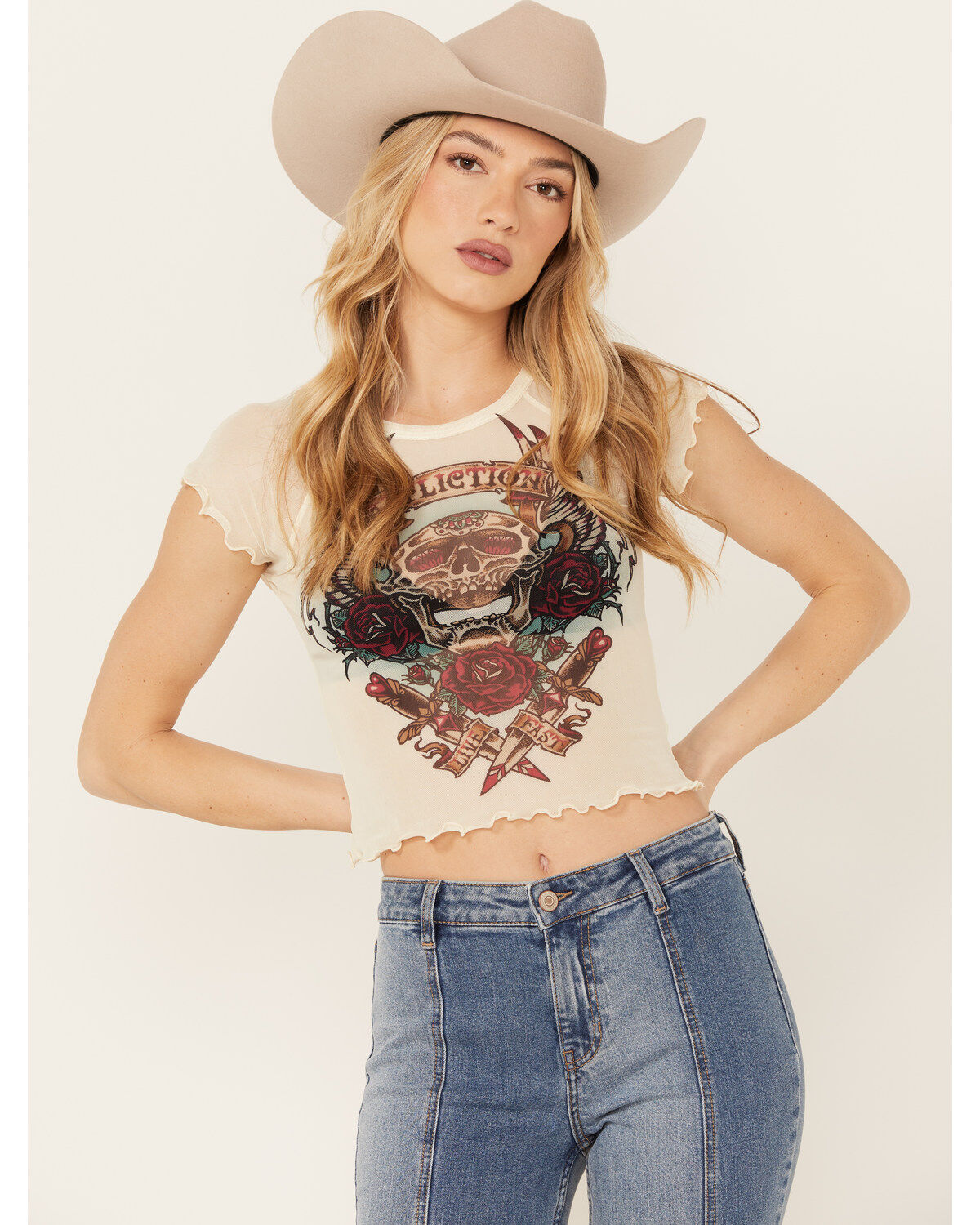 Women's Affliction Skull Mesh Baby Graphic Tee
