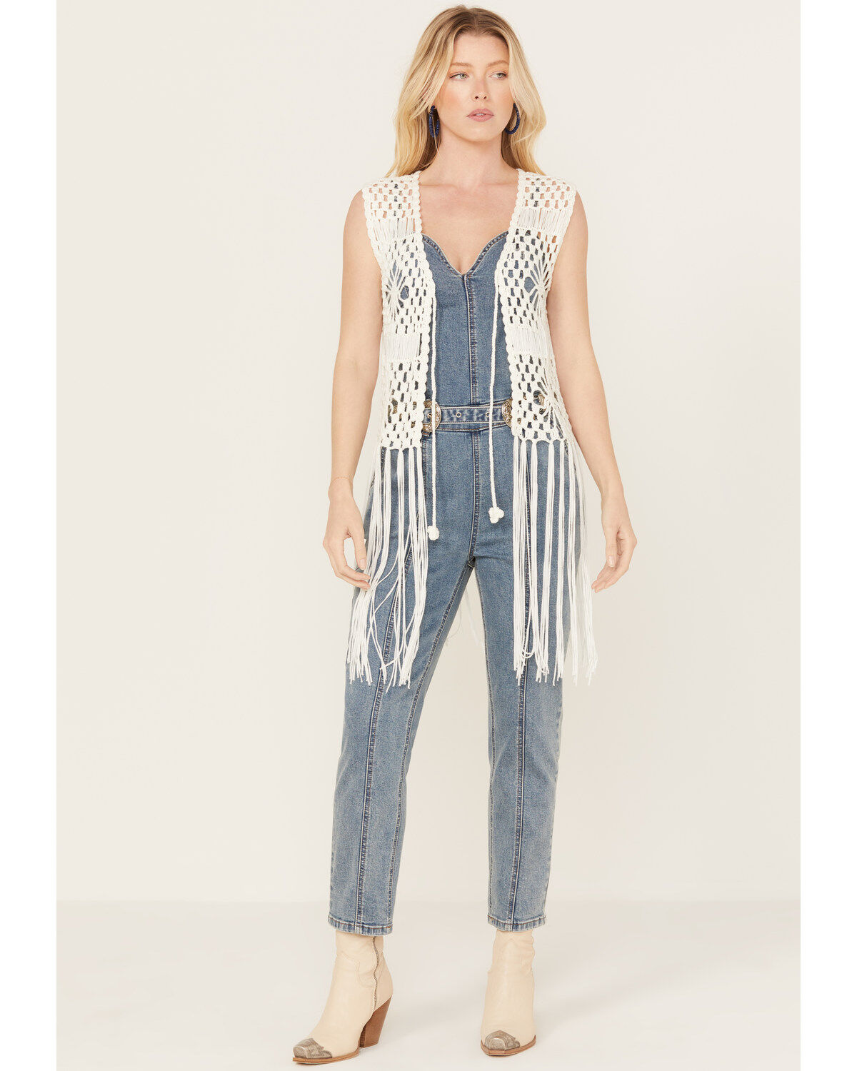 Women's Rock & Roll Denim Crochet Fringe Vest