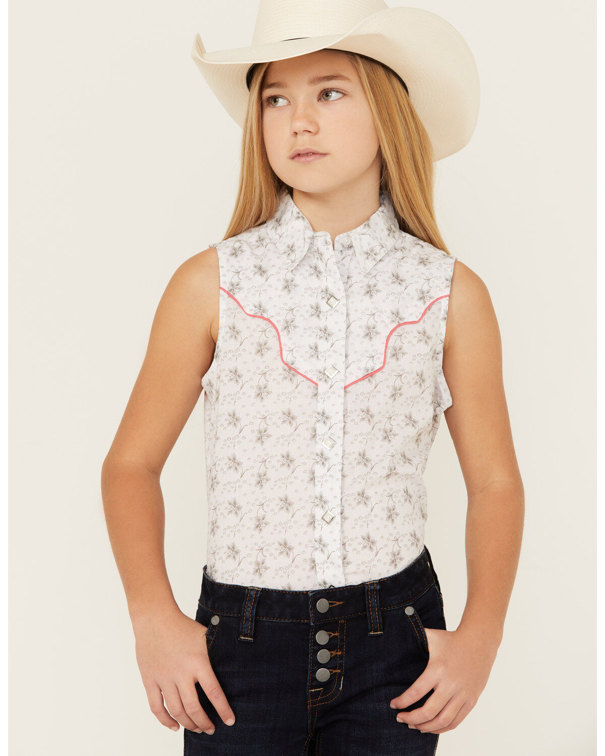 Girls' Rock & Roll Denim Floral Print Sleeveless Snap Western Shirt