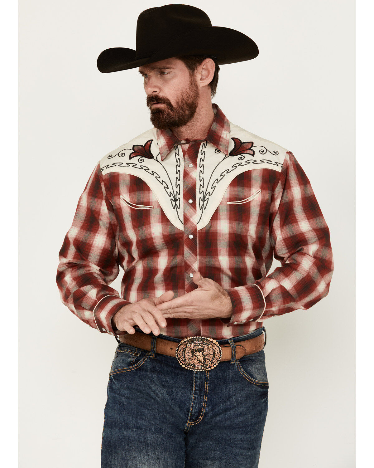 Men's Roper Medium Plaid Print Floral Embroidered Long Sleeve Pearl Sn