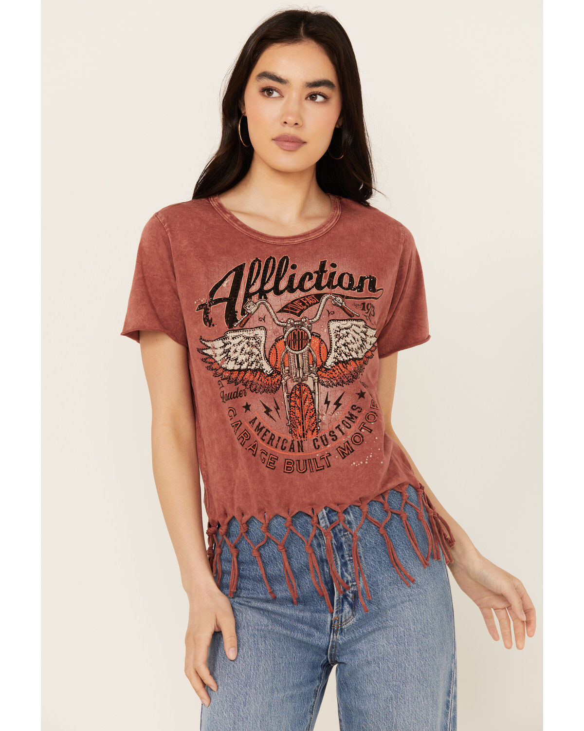 Women's Affliction Moto Fringe Short Sleeve Graphic Tee