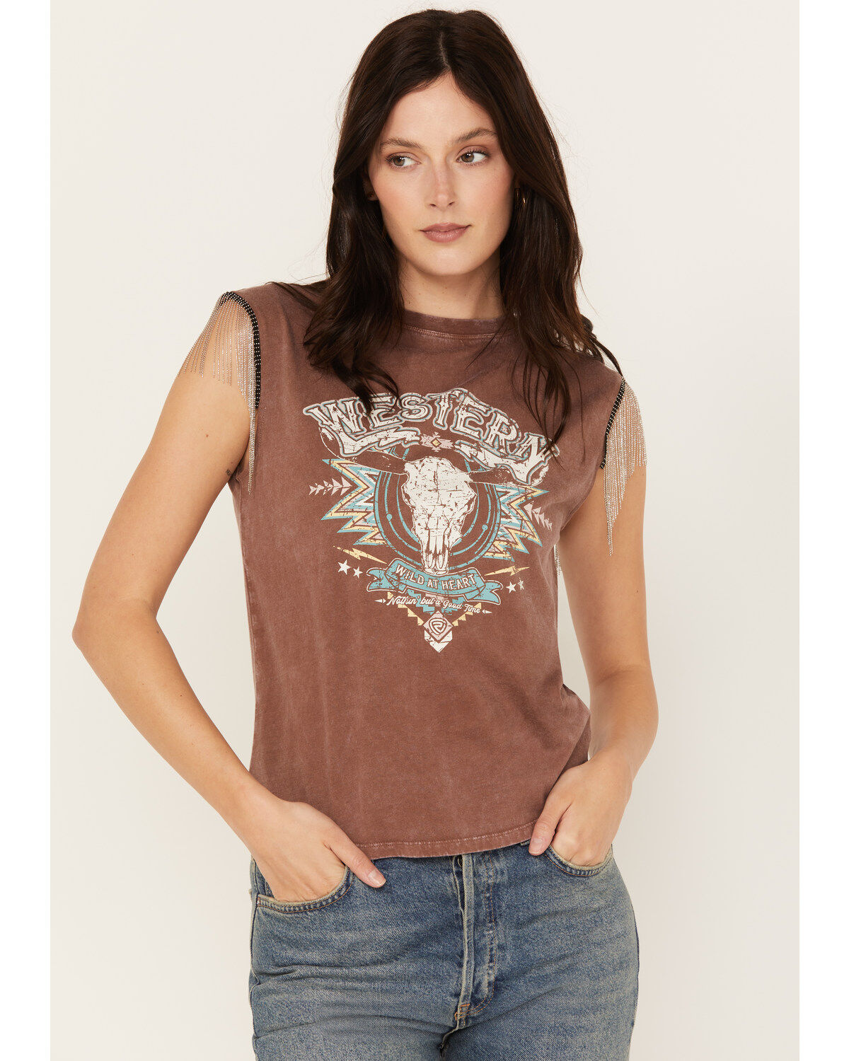 Women's Rock & Roll Denim Chain Fringe Graphic Tank
