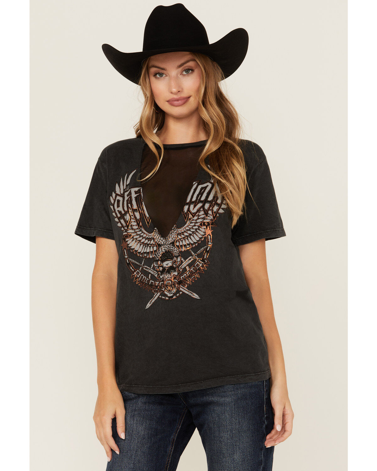Women's Affliction Deep V Mesh Insert Short Sleeve Graphic Tee