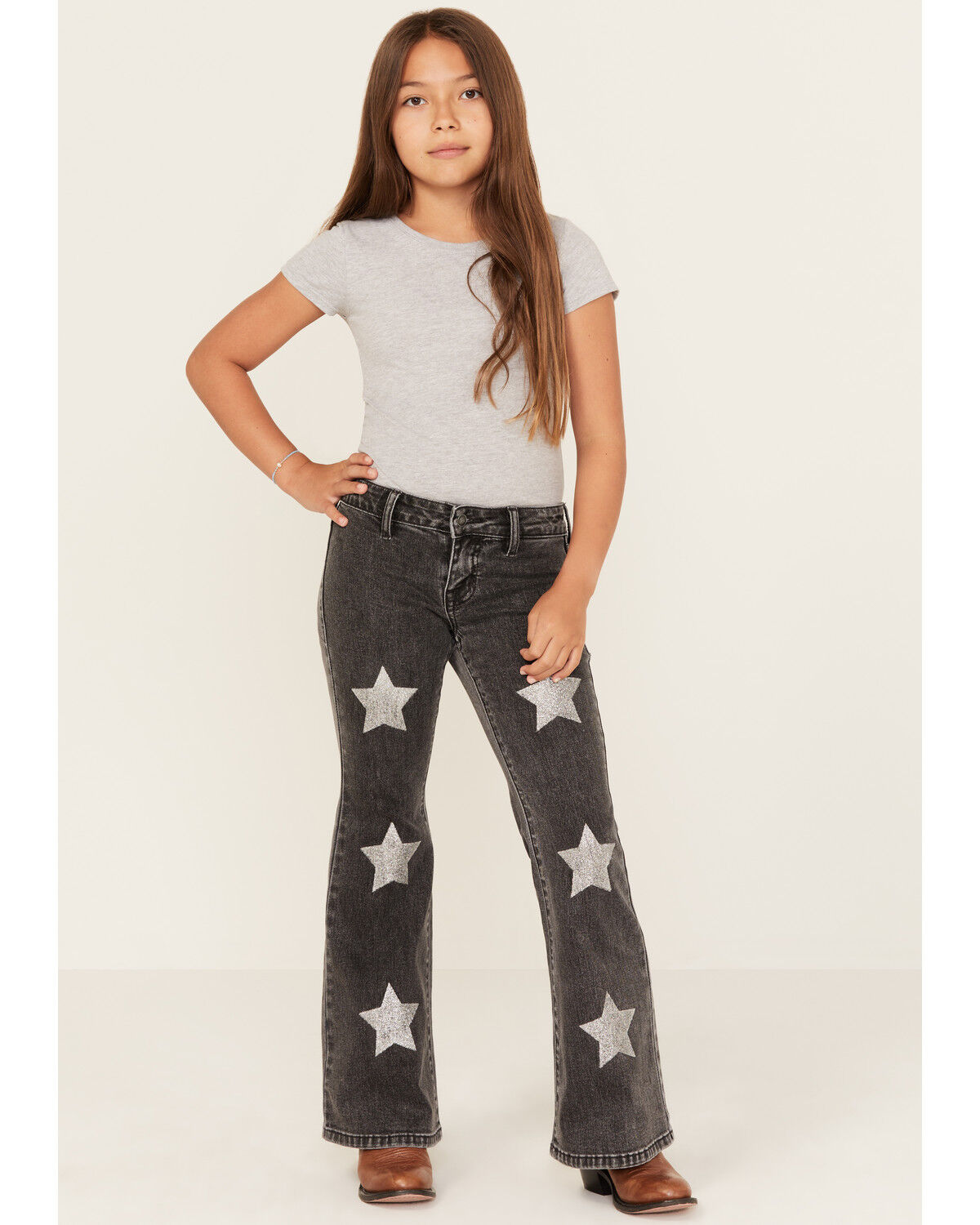 Girls' Rock & Roll Denim Glitter Star Print Flare Stretch Jeans