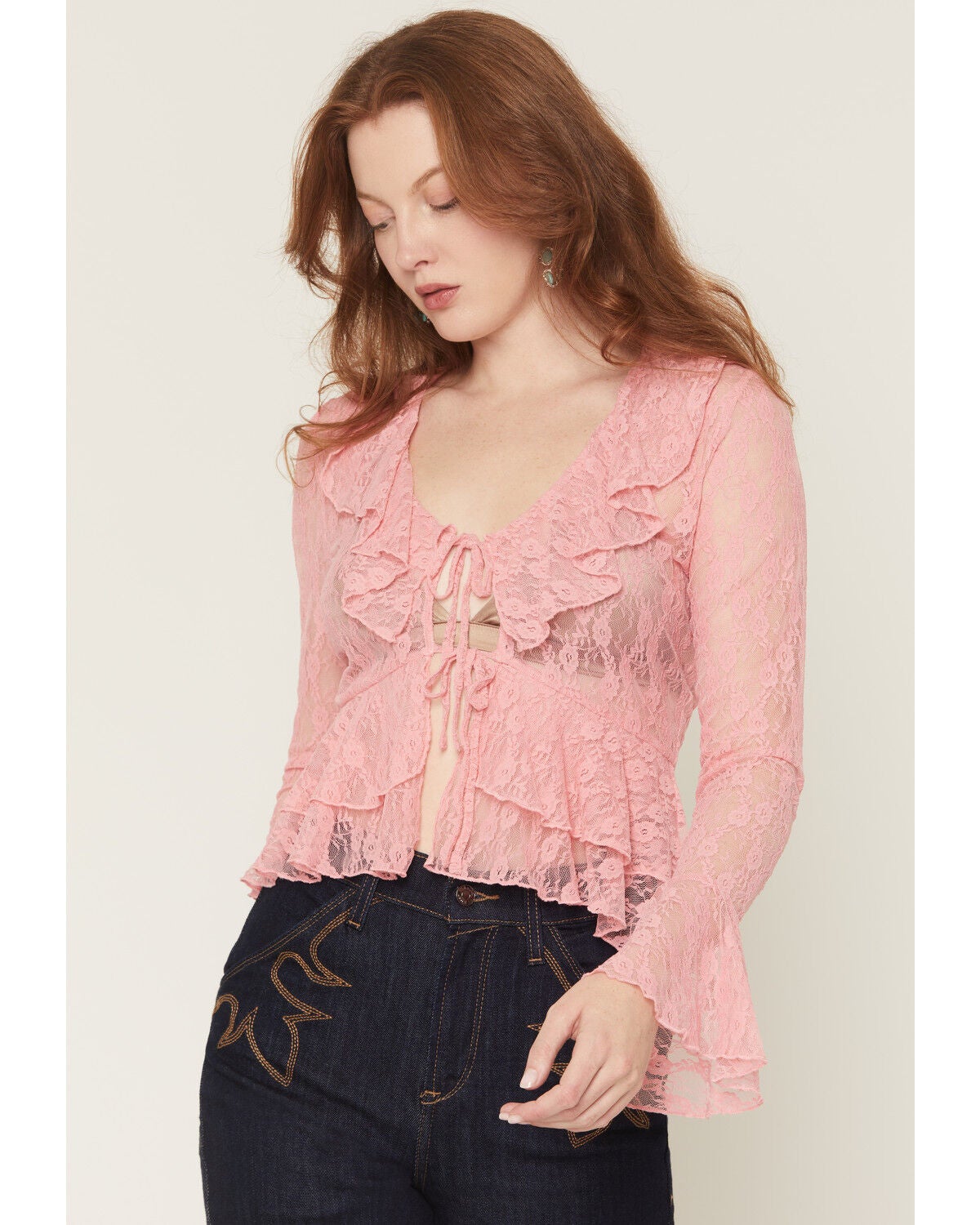 Women's Ash & Violet Lace Tie-Front Long Sleeve Top