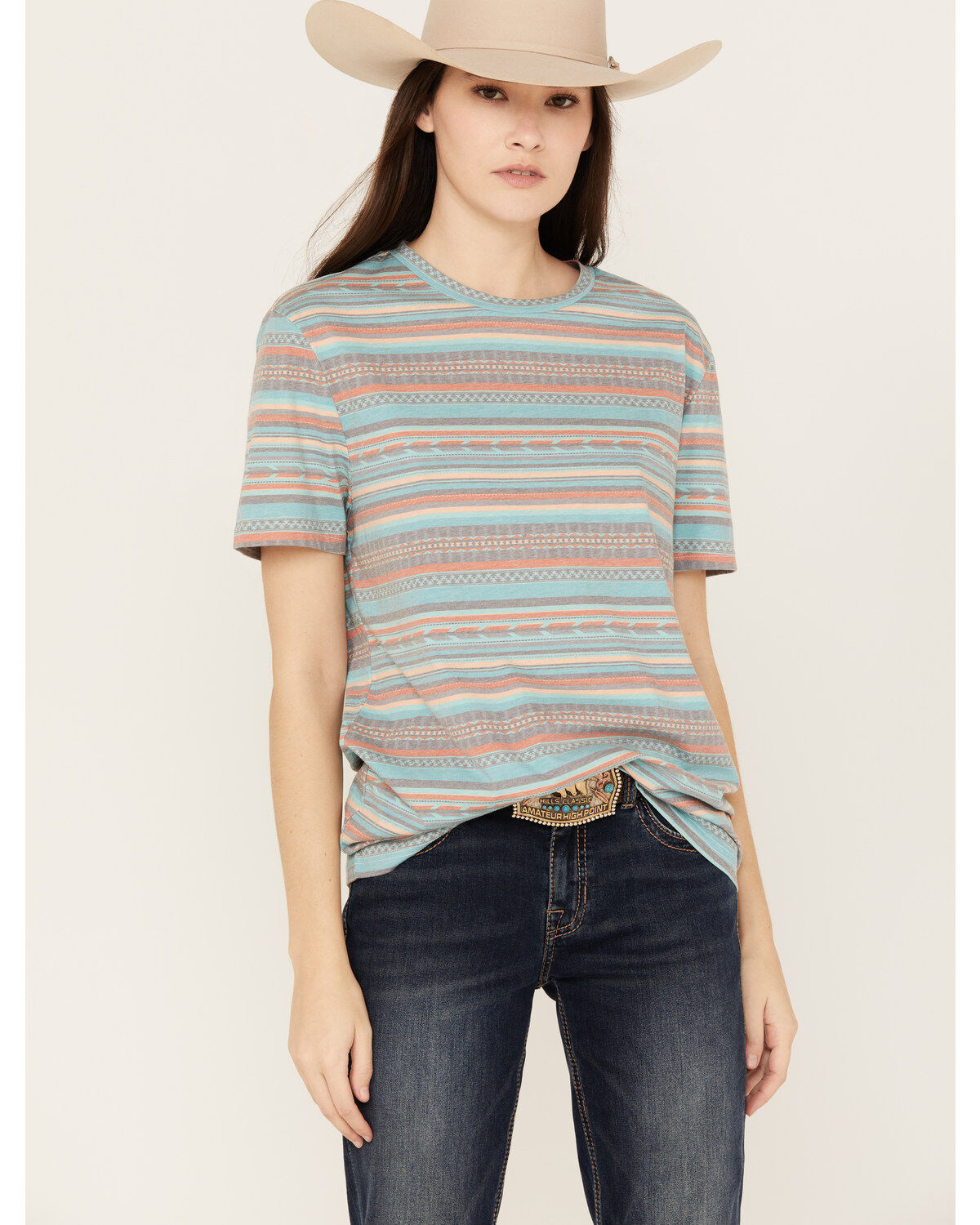Women's Rock & Roll Denim Striped Southwestern Short Sleeve Tee