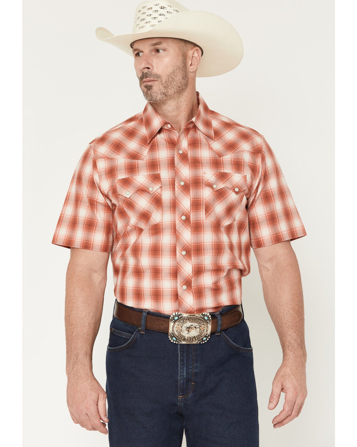 Men's Wrangler Retro Plaid Print Short Sleeve Snap Western Shirt