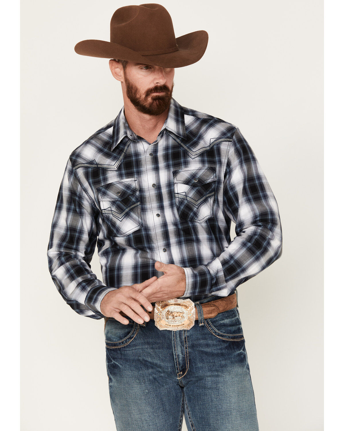 Men's Wrangler Rock 47 by Plaid Print Long Sleeve Snap Western Shirt