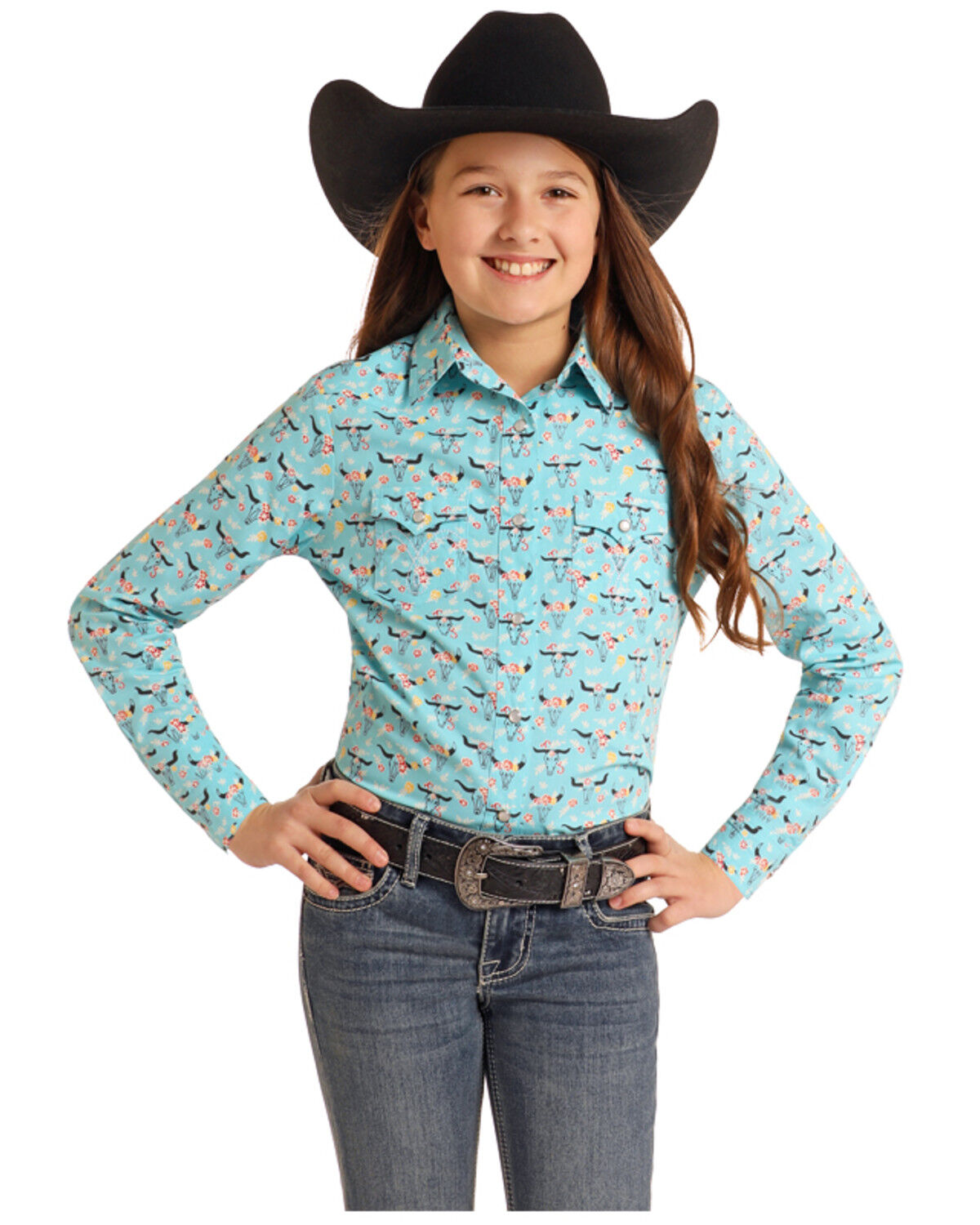 Girls' Panhandle Steerhead Print Long Sleeve Pearl Snap Western Shirt