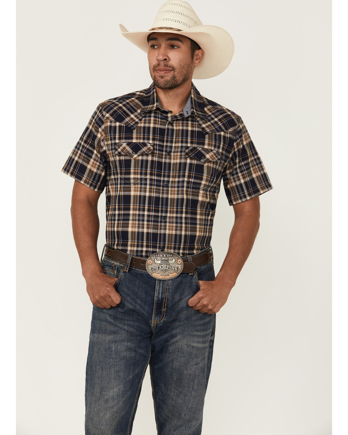 Men's Cody James Rustic Rodeo Plaid Print Short Sleeve Snap Western Sh