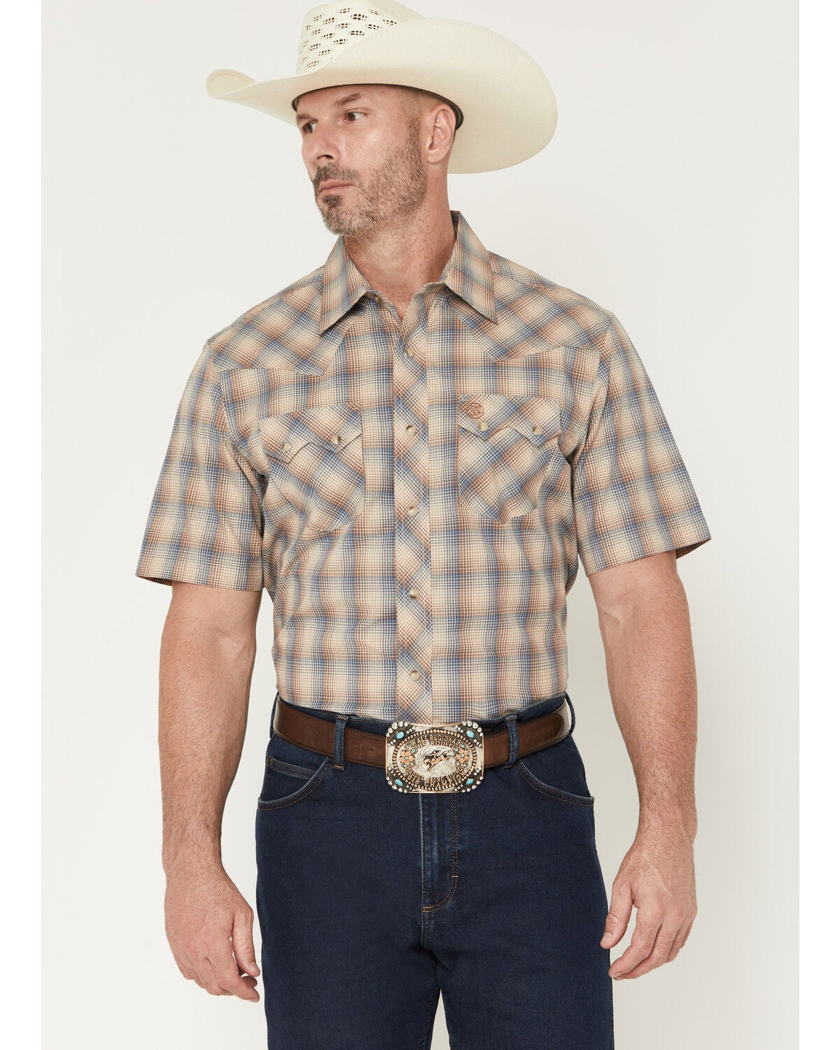 Men's Wrangler Retro Plaid Print Short Sleeve Snap Western Shirt