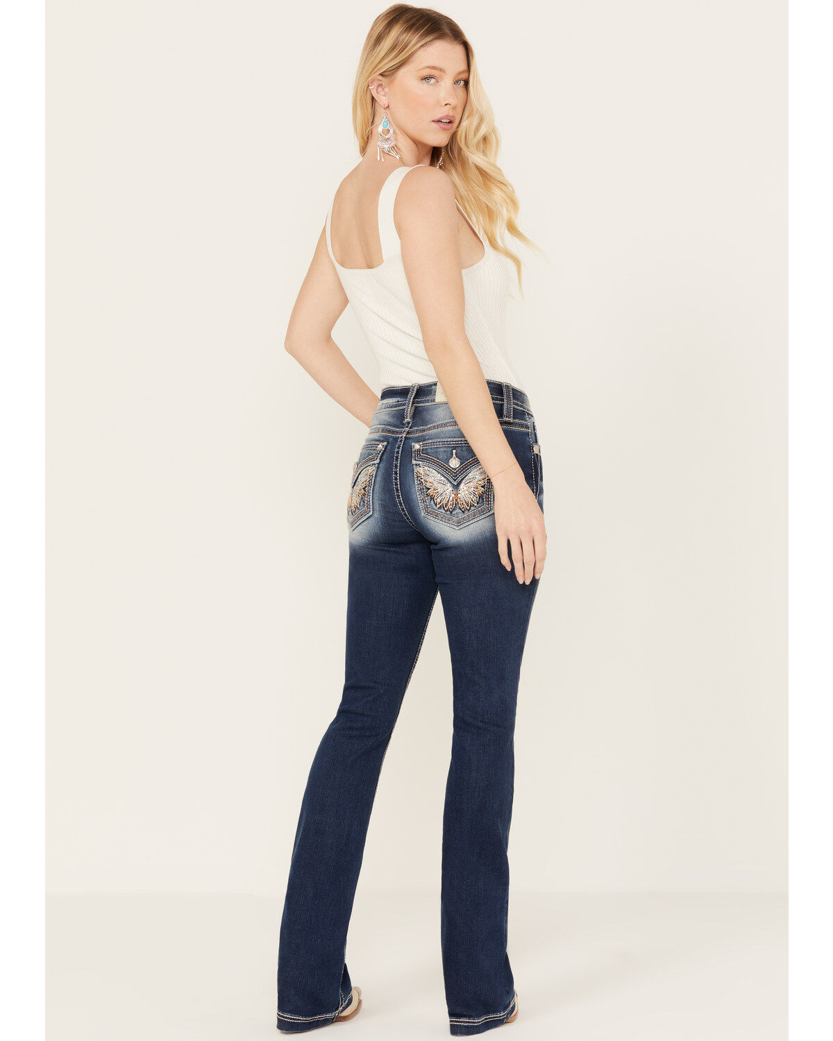 Women's Miss Me Medium Wash Mid Rise Saddle Stitch Angle Wing Bootcut