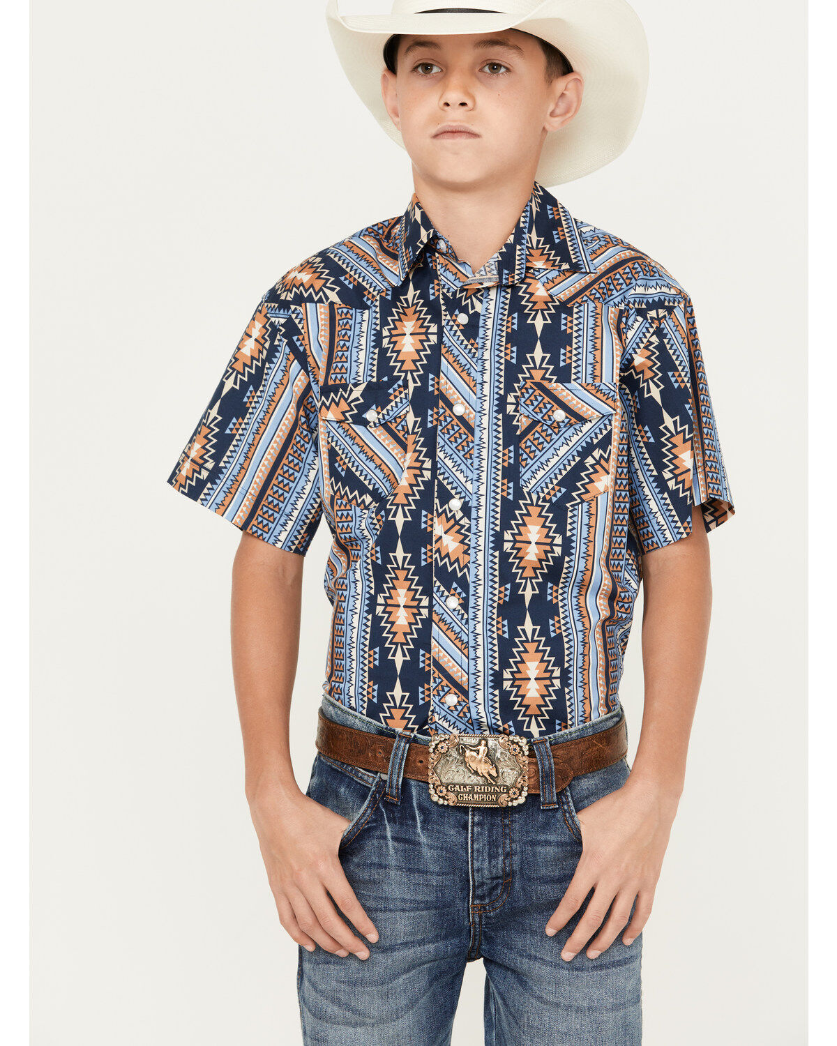 Boys' Rock & Roll Denim Southwestern Short Sleeve Pearl Snap Western S