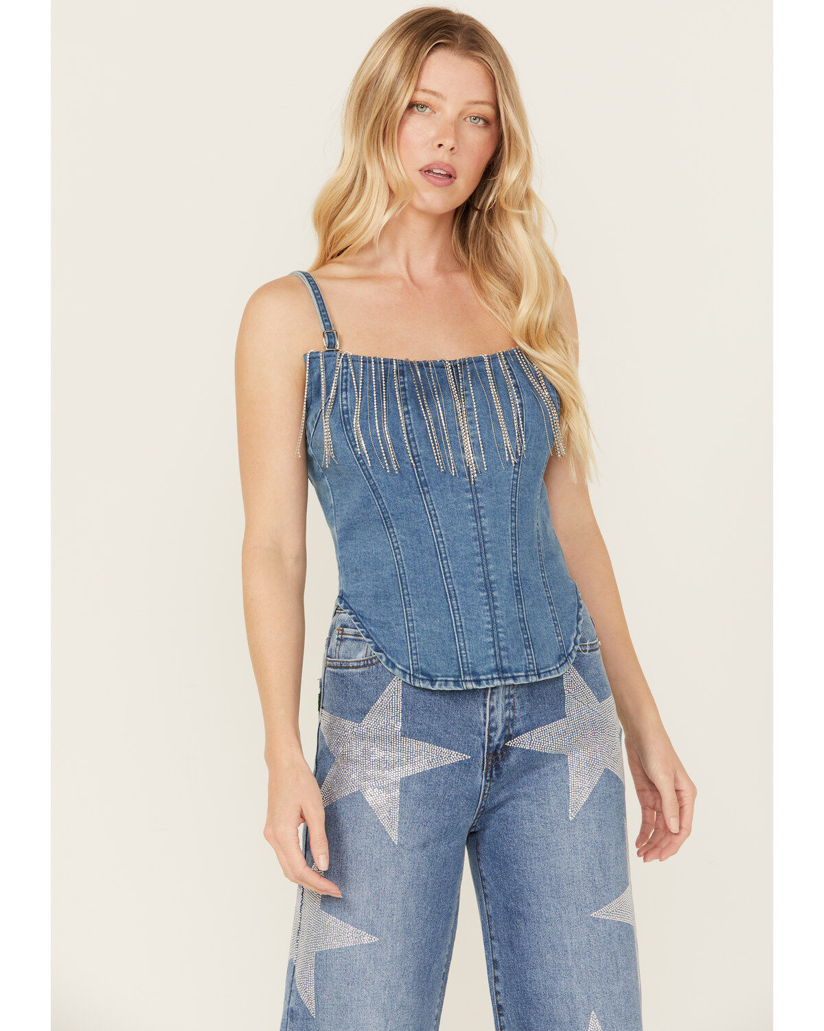 Women's Rock & Roll Denim Medium Wash Metal Fringe Denim Corset