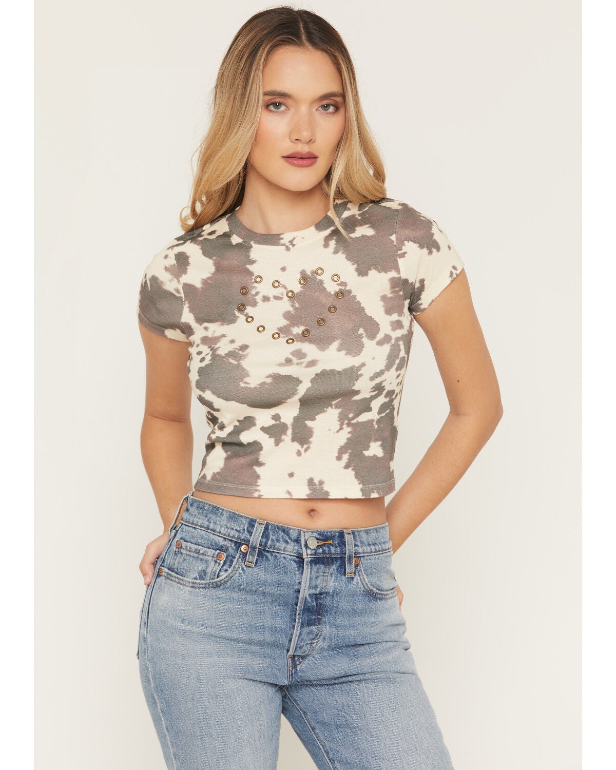 Women's Youth in Revolt Cowhide Print Studded Heart Short Sleeve Baby