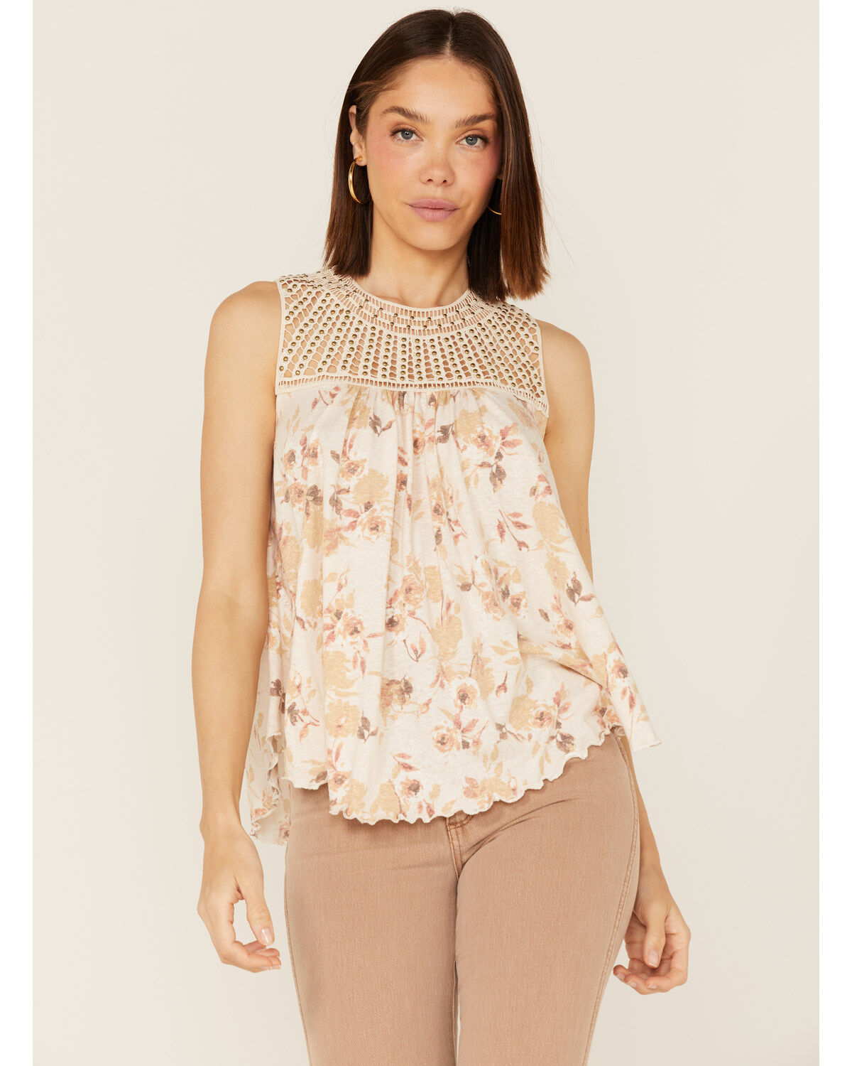 Women's Wild Moss Crochet Studded Yoke Flowy Tank Top