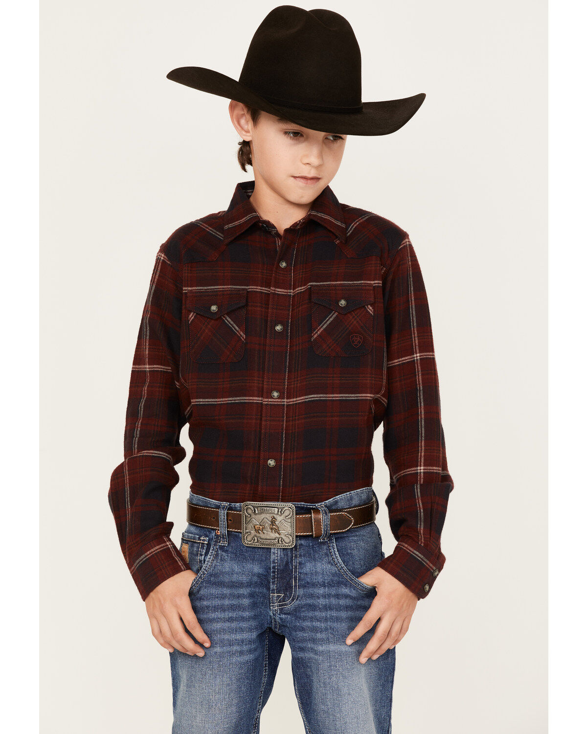 Boys' Ariat Retro Heather Plaid Print Long Sleeve Snap Shirt