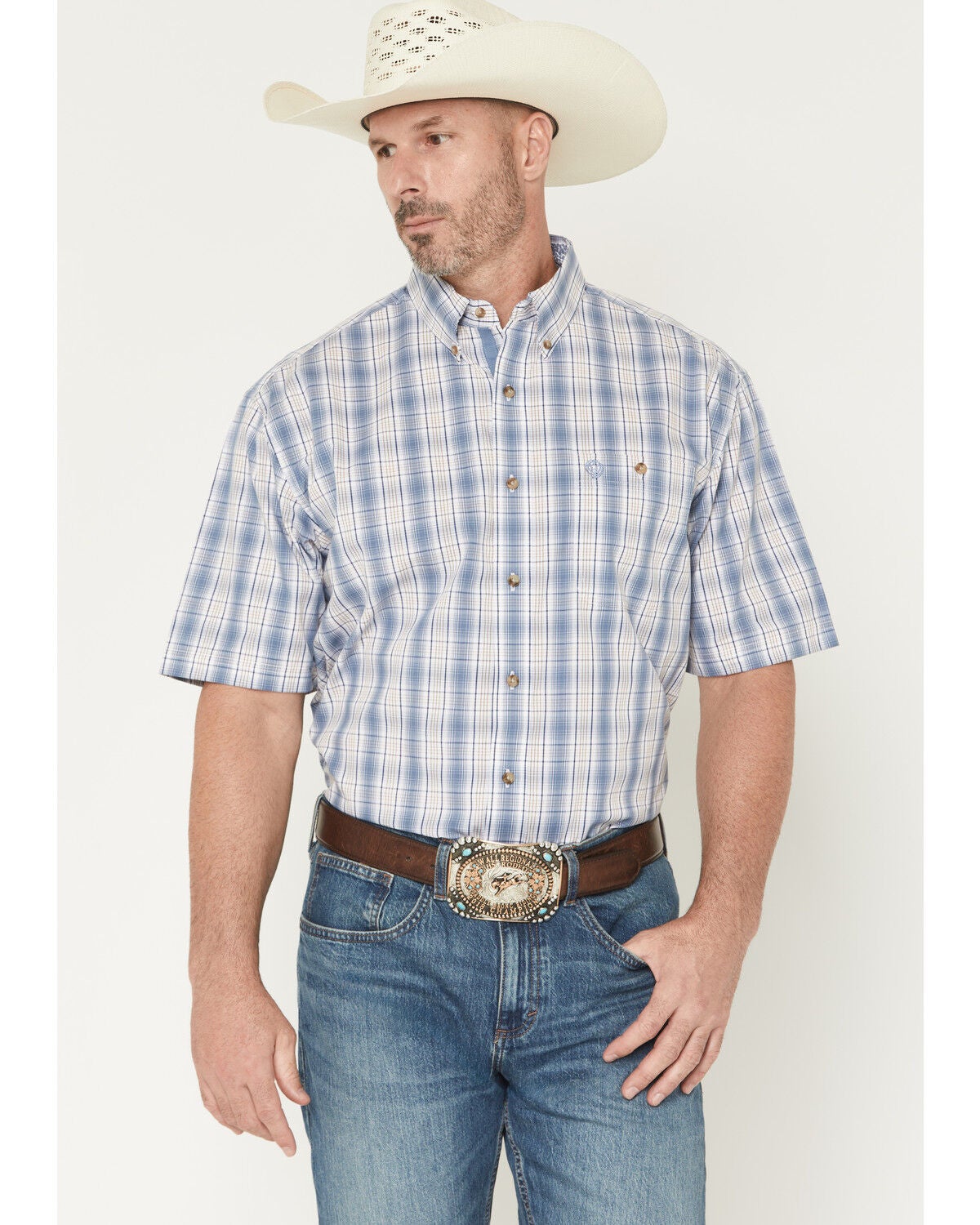 Men's Wrangler George Strait by Plaid Print Short Sleeve Button-Down S