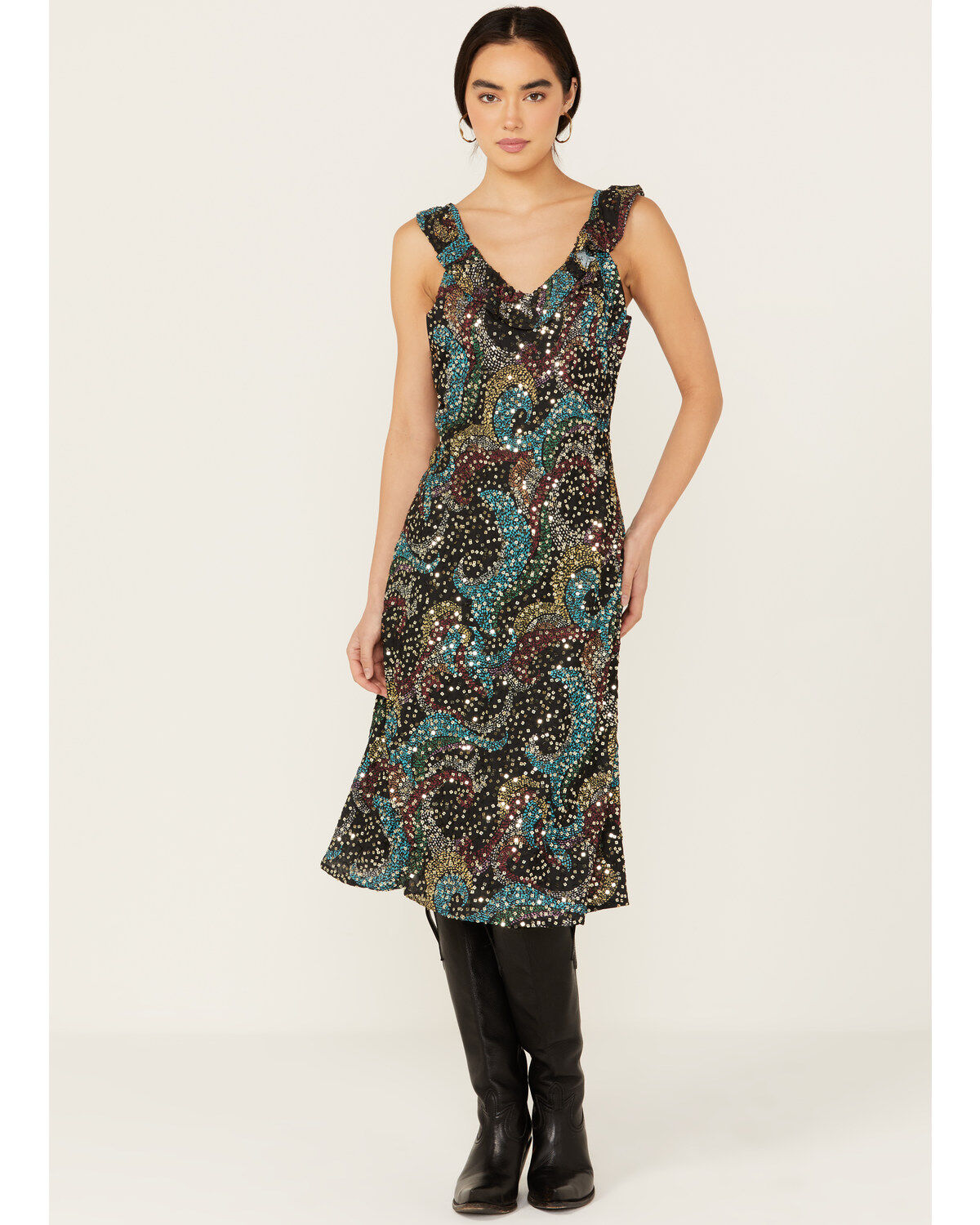 Women's Rock & Roll Denim Sequins Print Slip Mini Dress