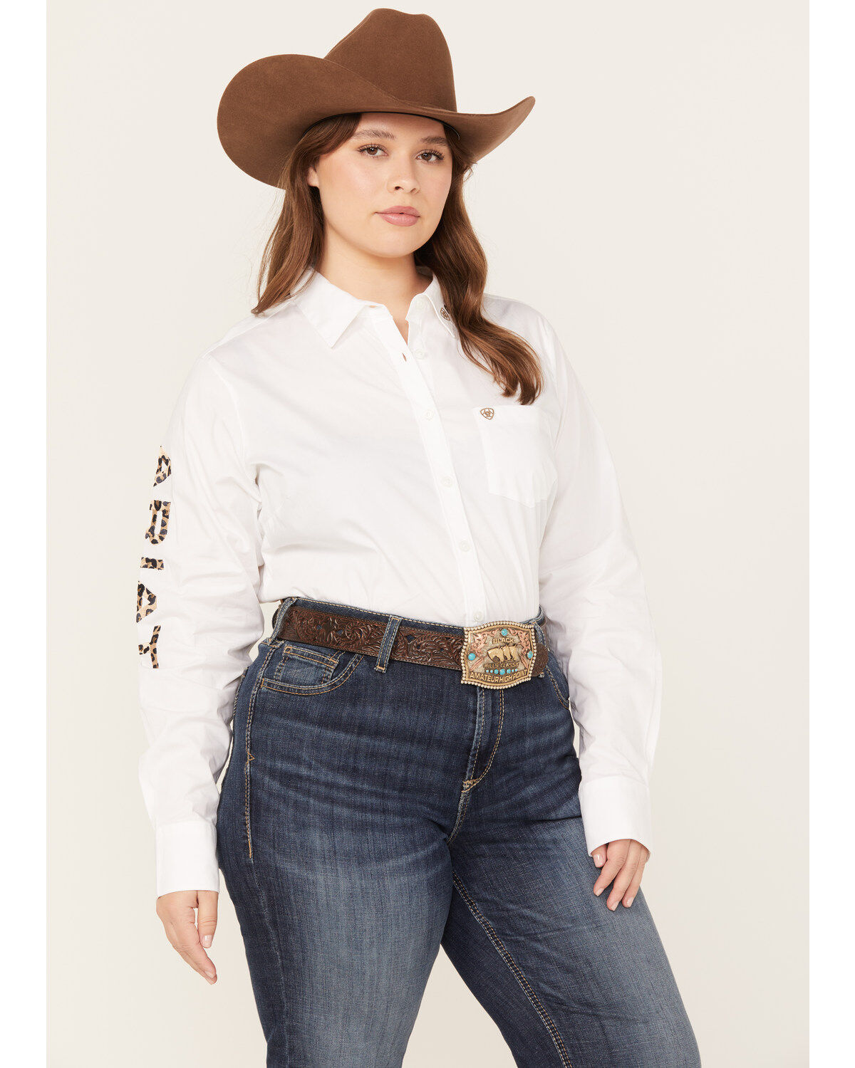 Women's Ariat Team Kirby Leopard Logo Stretch Shirt - Plus