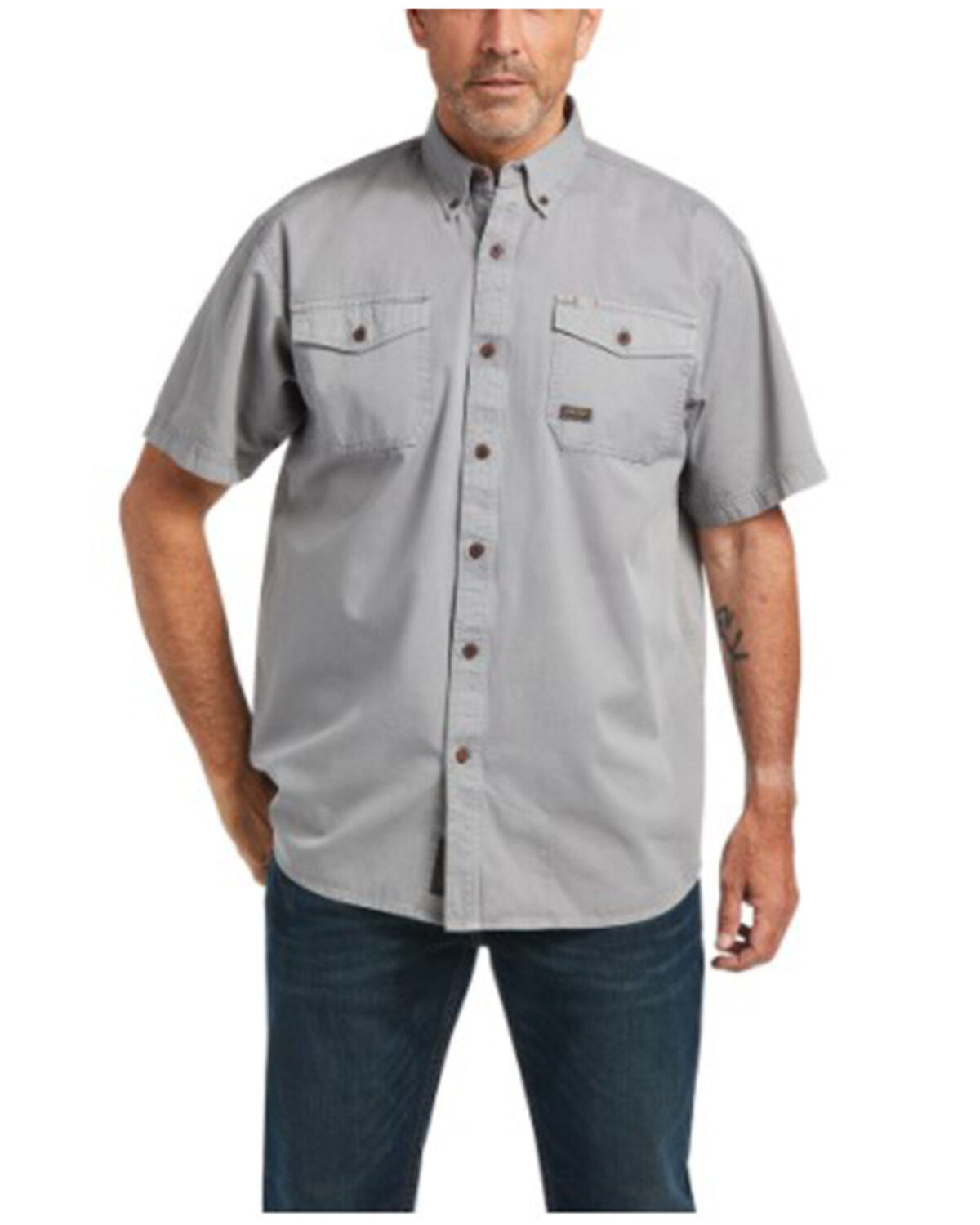 Men's Ariat Solid Rebar Washed Twill Short Sleeve Button Down Work Shi