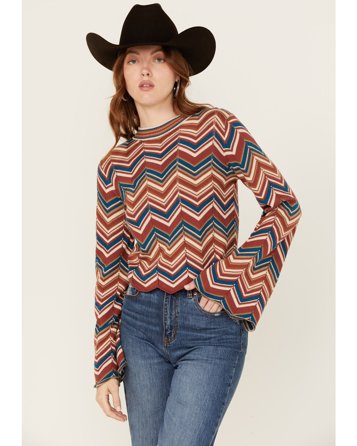 Women's Rock & Roll Denim Zig Zag Print Long Sleeve Bell Sweater