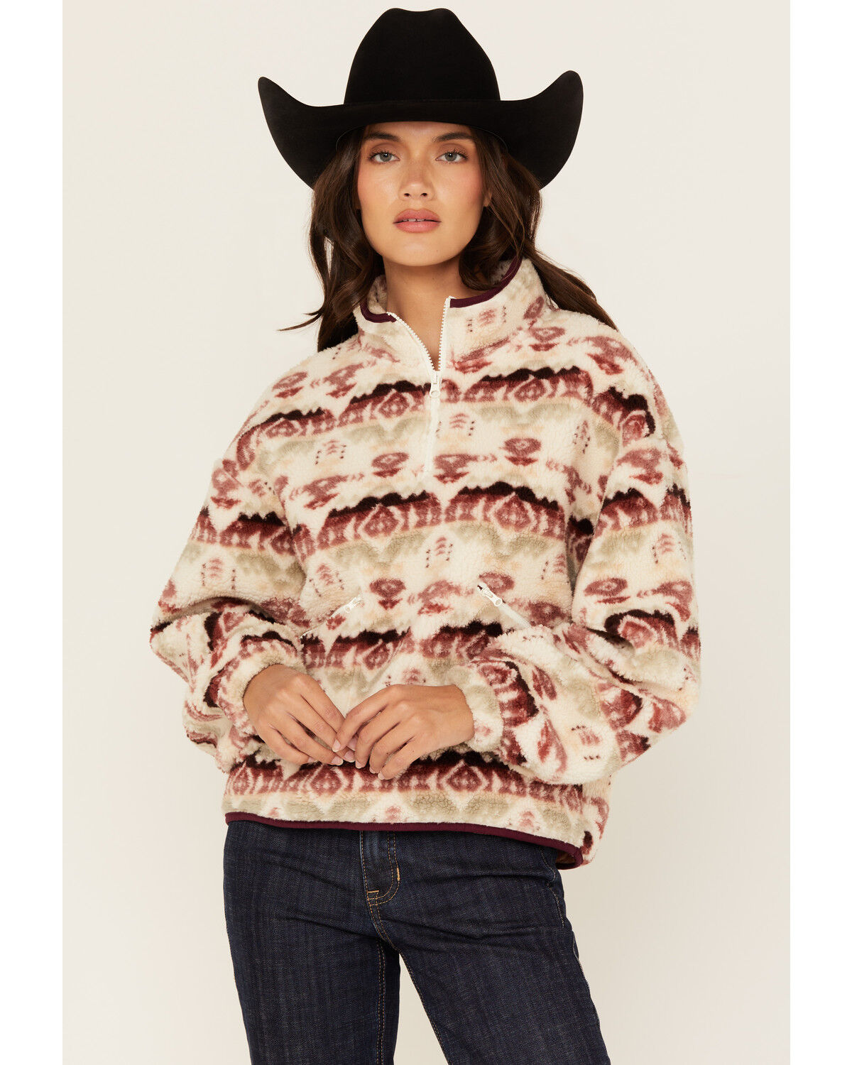 Women's Rock & Roll Denim Southwestern Print Sherpa Pullover