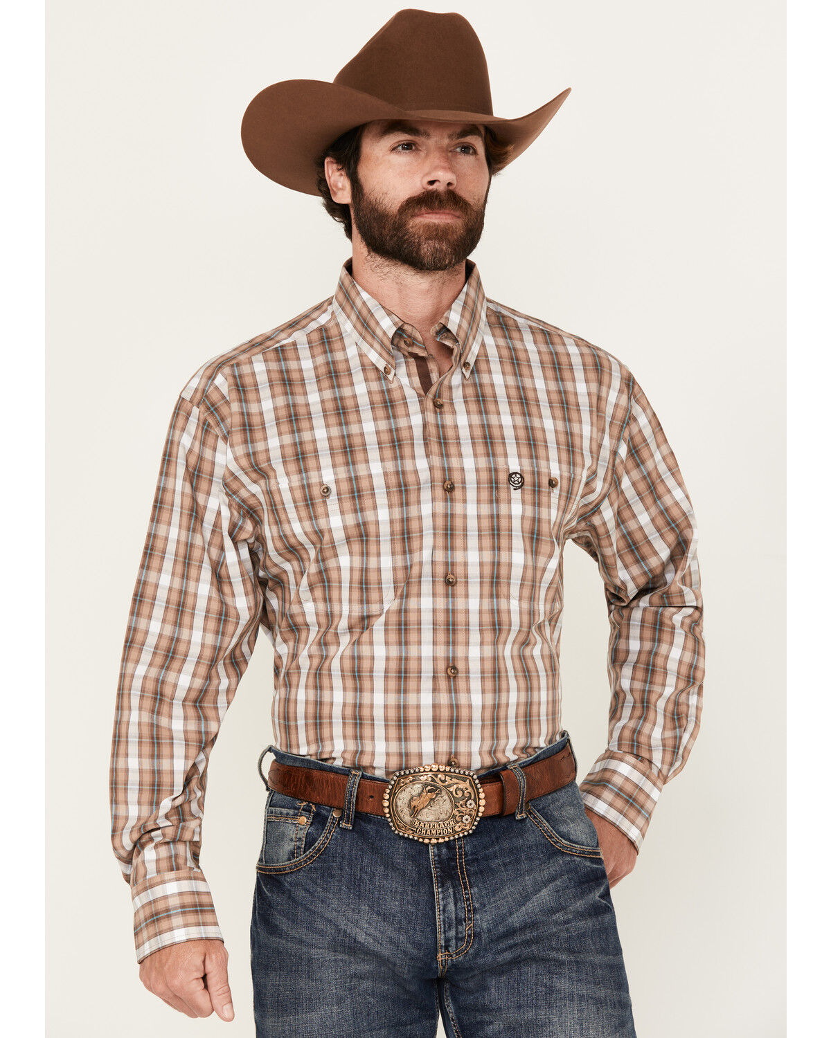 Men's Wrangler George Strait by Plaid Print Long Sleeve Button-Down St