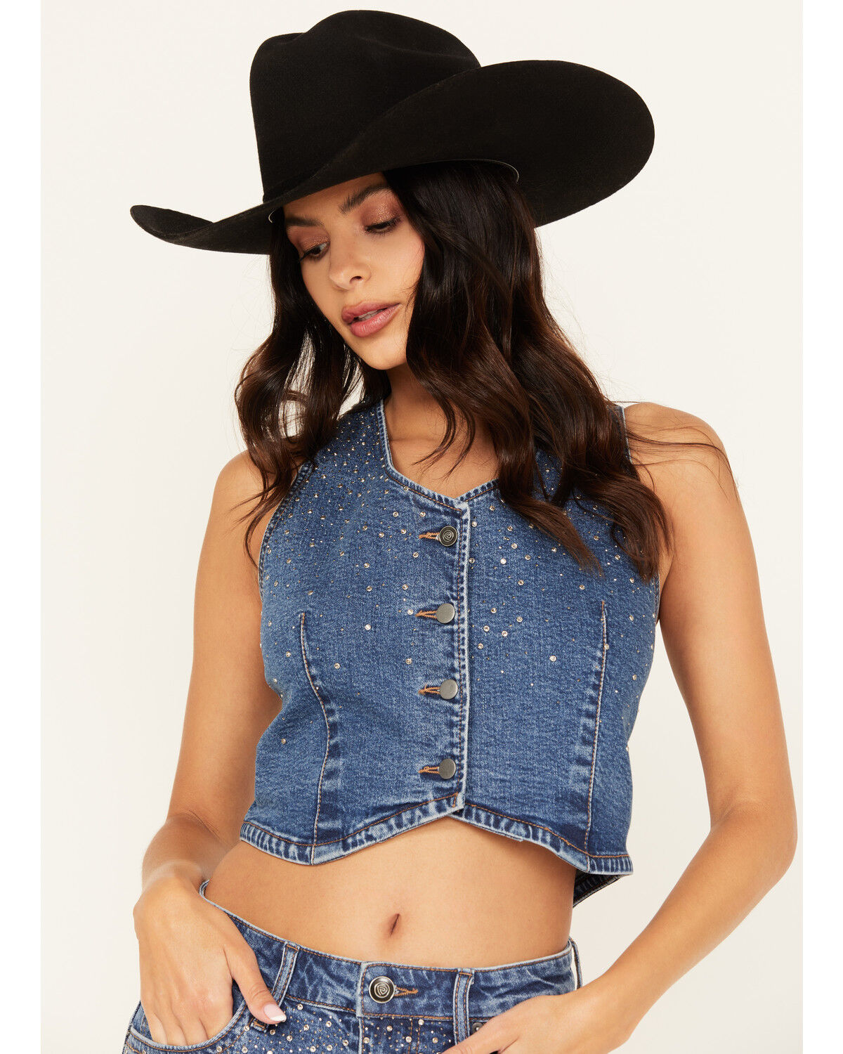 Women's Rock & Roll Denim Medium Wash Rhinestone Studded Vest