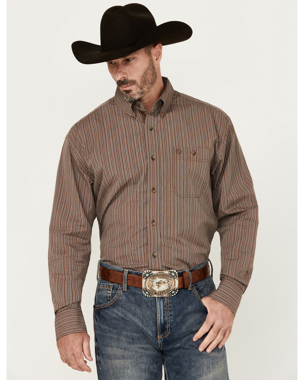 Men's Wrangler George Strait by Striped Print Long Sleeve Button-Down