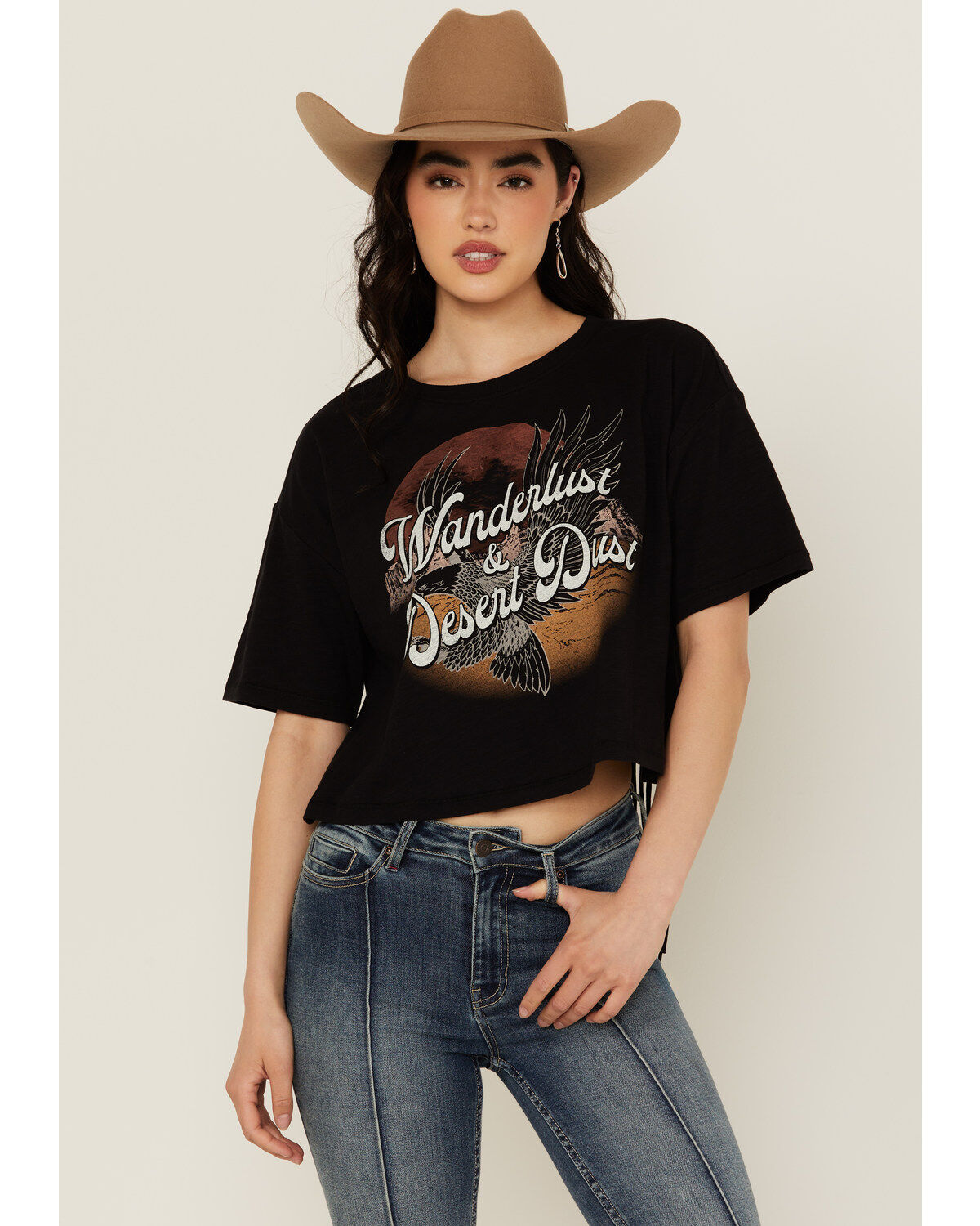 Women's Shyanne Wanderlust Fringe Back Short Sleeve Graphic Tee