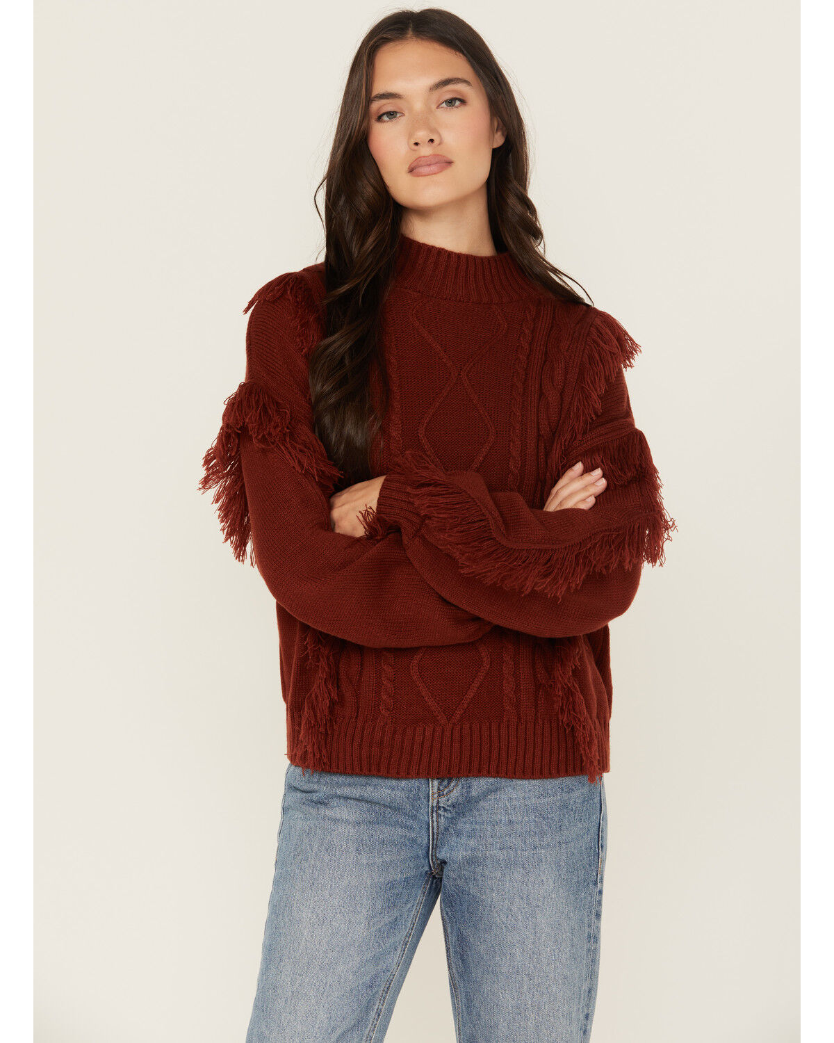 Women's Rock & Roll Denim Fringe Cable Knit Sweater