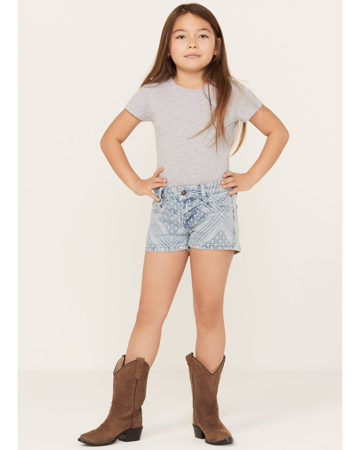 Girls' Rock & Roll Denim Light Wash Bandana Print Shorts
