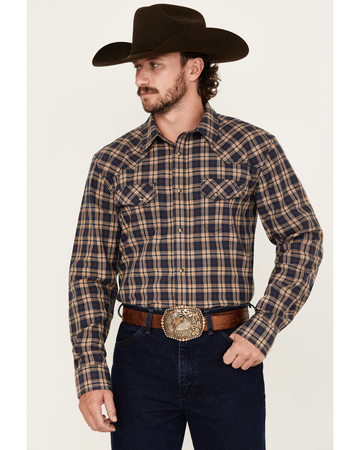 Men's Blue Ranchwear Burrow Plaid Print Long Sleeve Snap Western Shirt