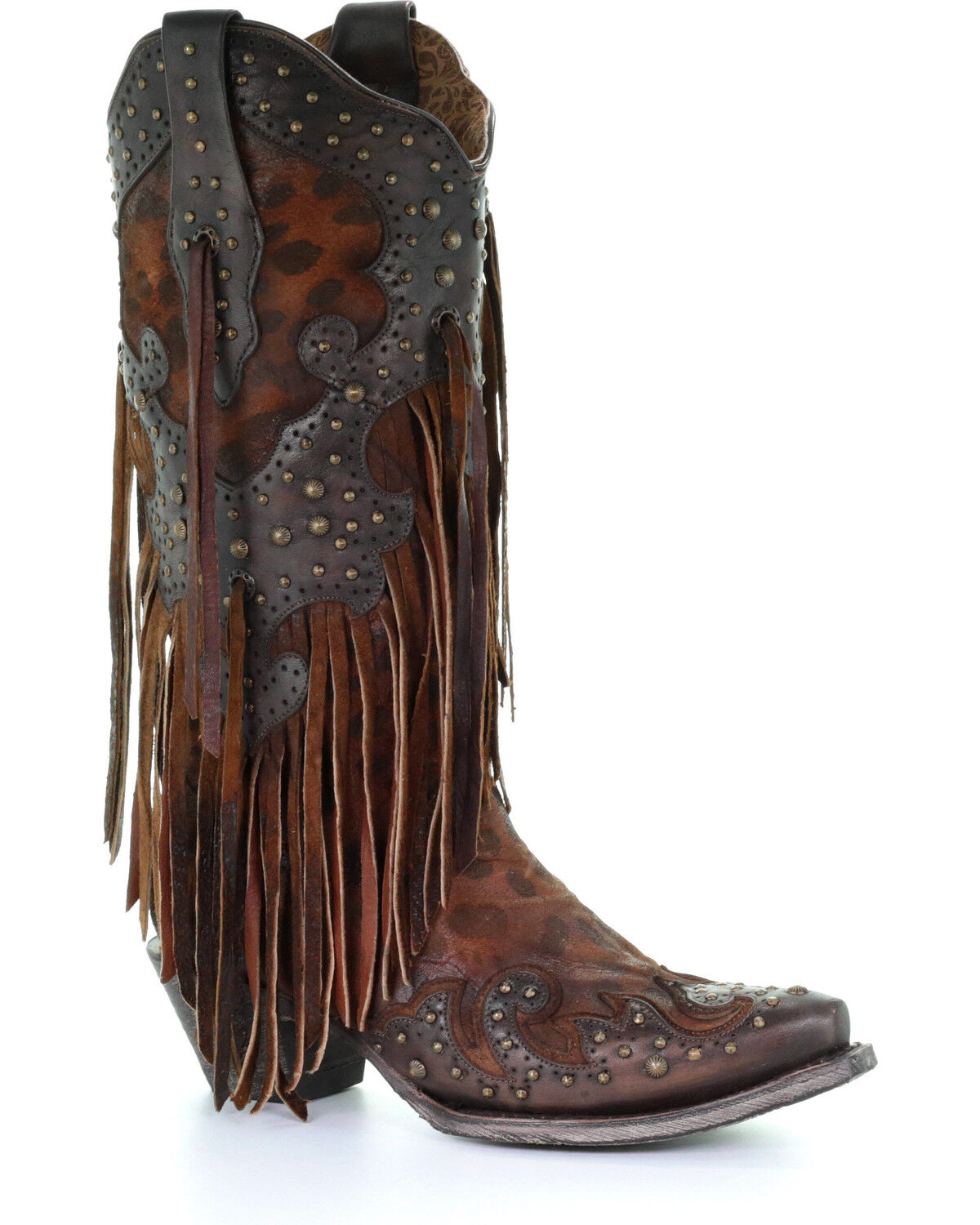 Women's Corral Leopard Stud & Fringe Western Boots - Snip Toe