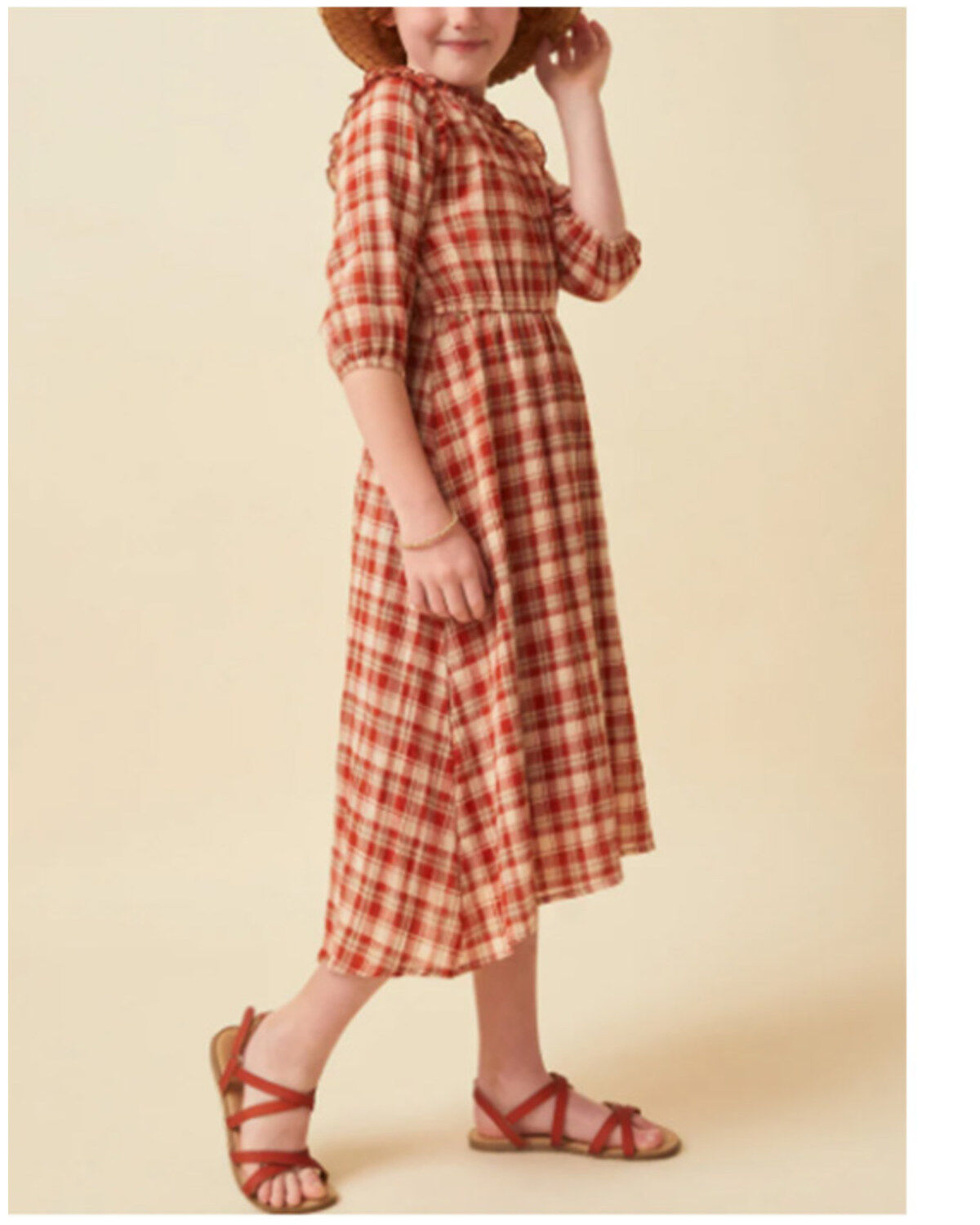 Girls' Hayden Plaid Print Ruffle Puff Sleeve Midi Dress