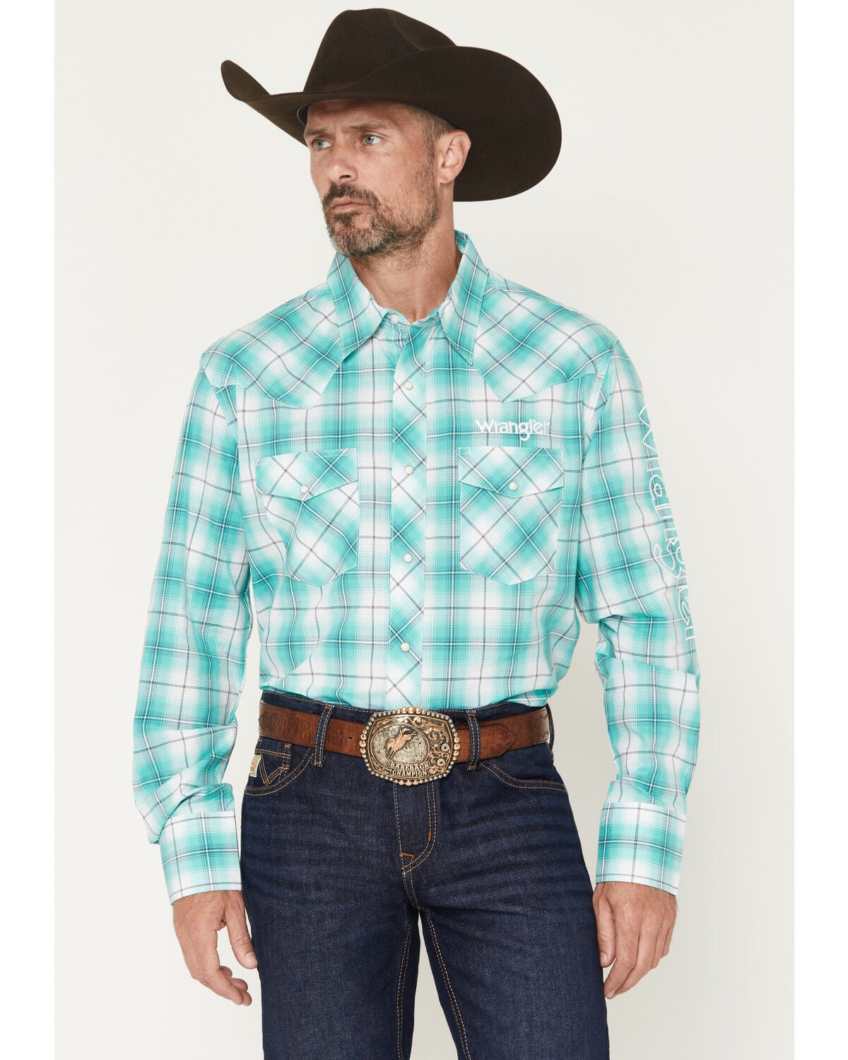 Men's Wrangler Logo Plaid Print Long Sleeve Snap Western Shirt